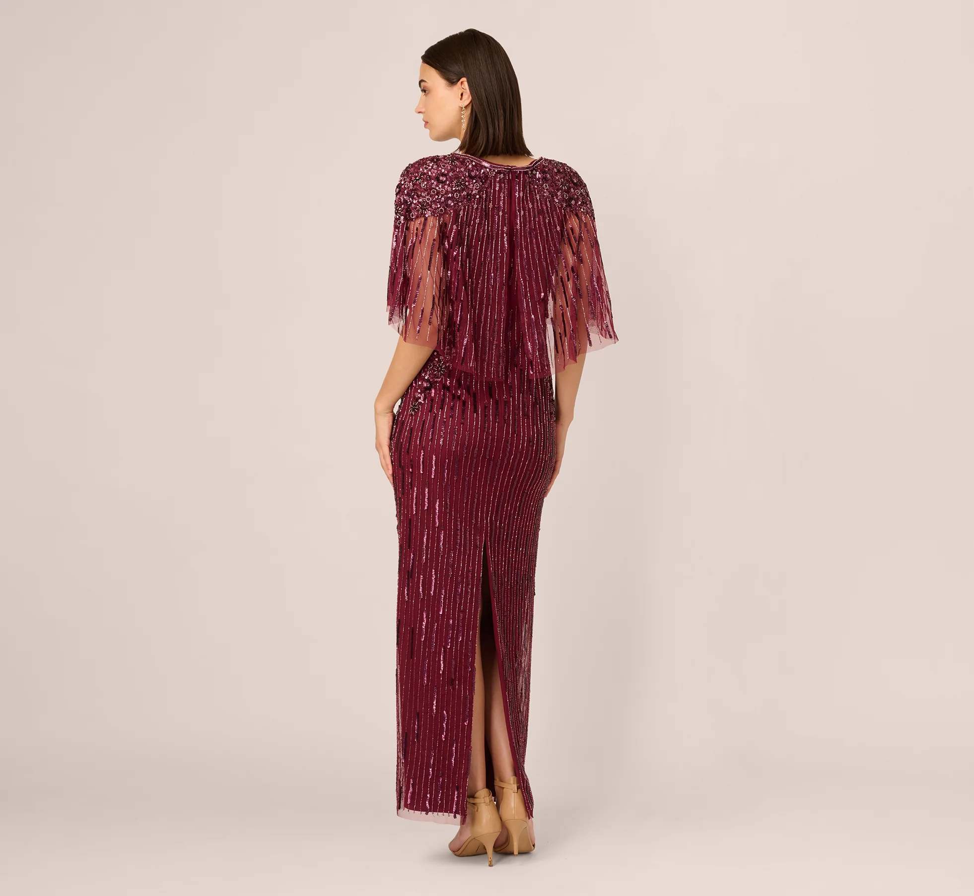 Linear Bead Cape Column Gown In Mahogany - Image 5