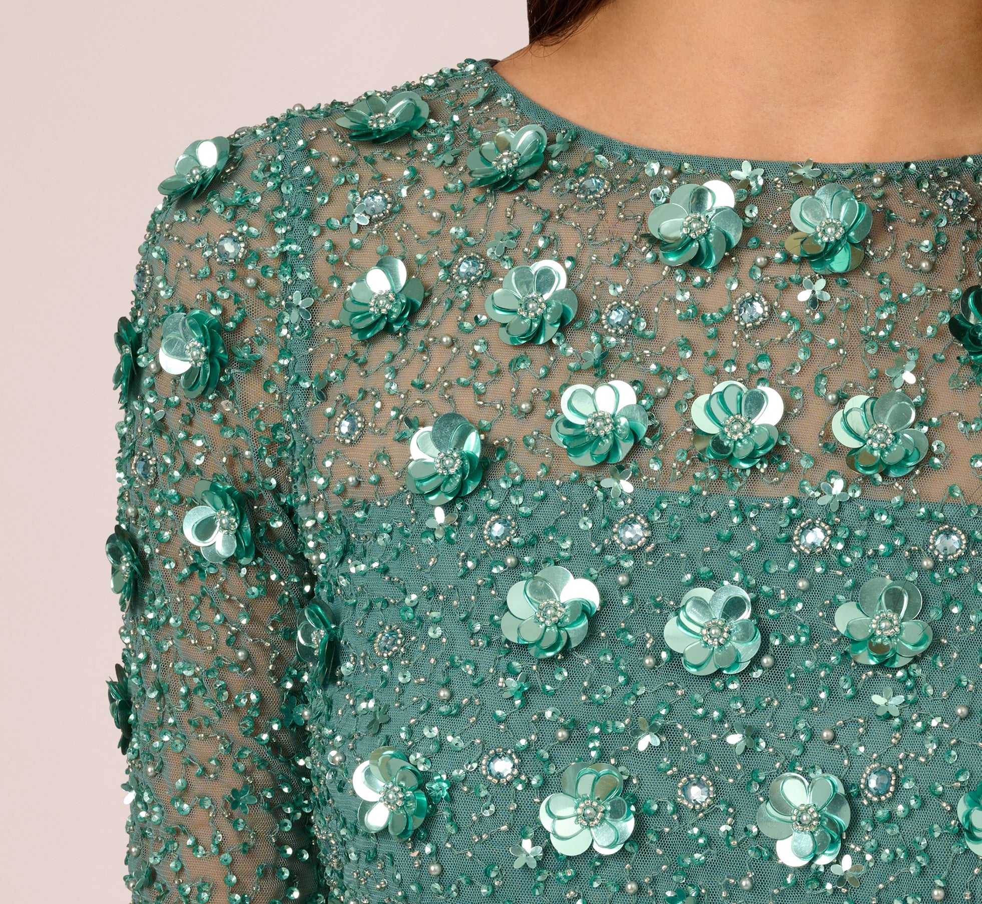 Long Hand Beaded 3D Floral Dress With Elbow Sleeves In Green Slate - Image 3