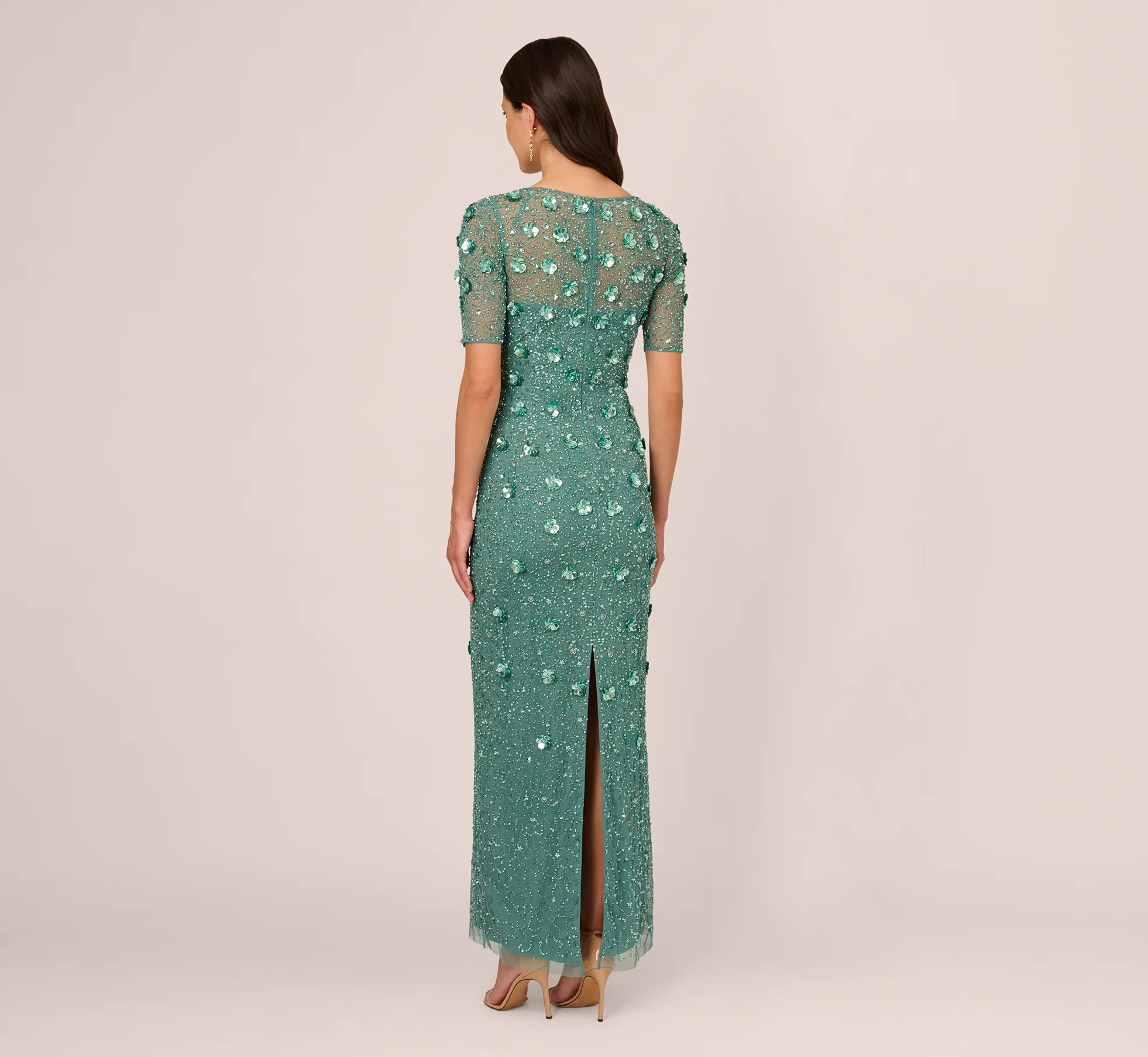 Long Hand Beaded 3D Floral Dress With Elbow Sleeves In Green Slate - Image 5