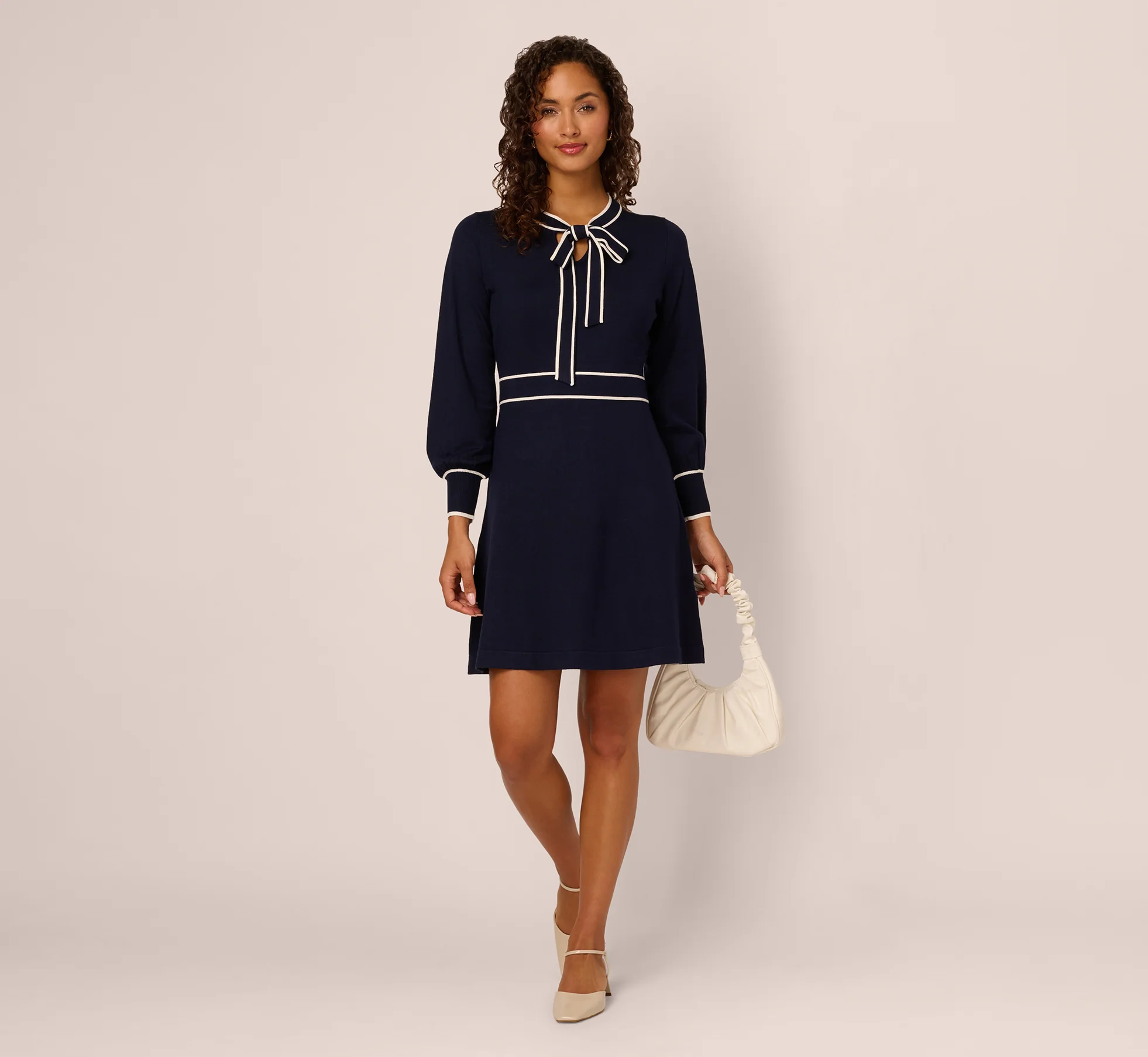 Long Sleeve Contrast Tipped Sweater Dress In Blue Moon Ivory - Image 2