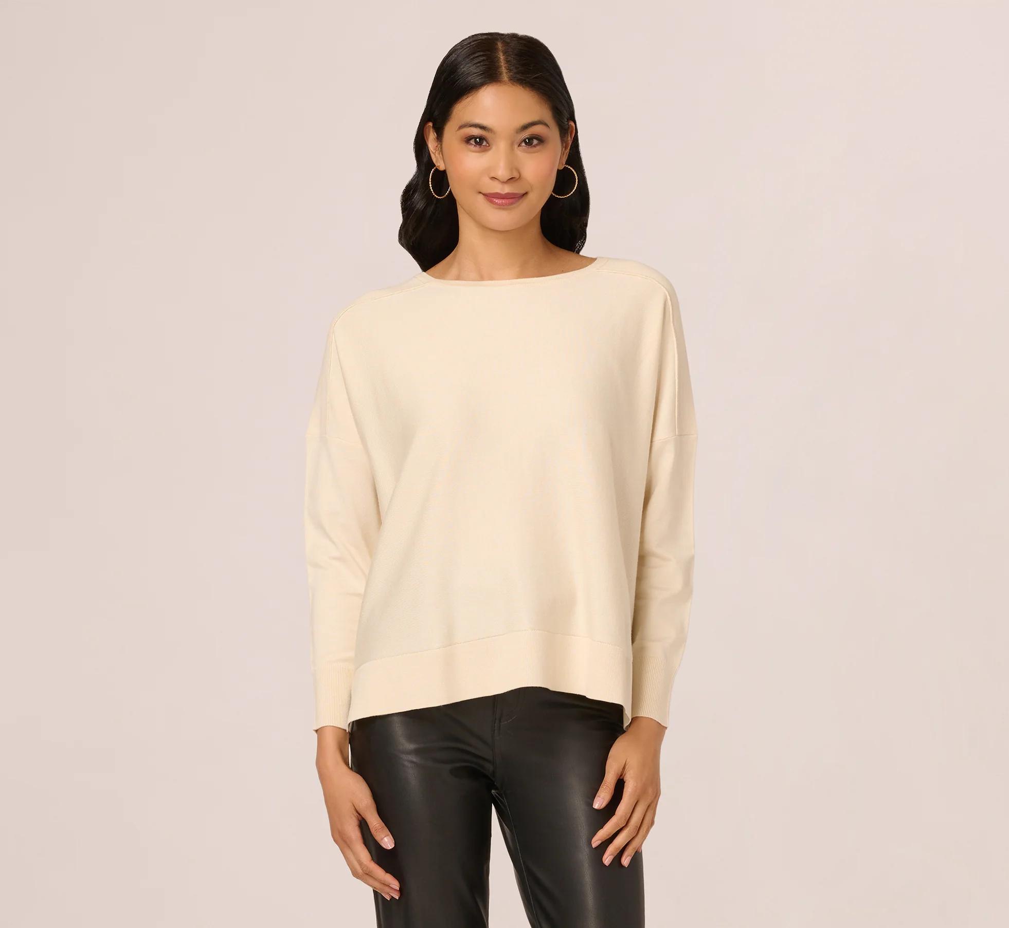 Long Sleeve Drop Shoulder Pullover Sweater Top In Cream - Image 3