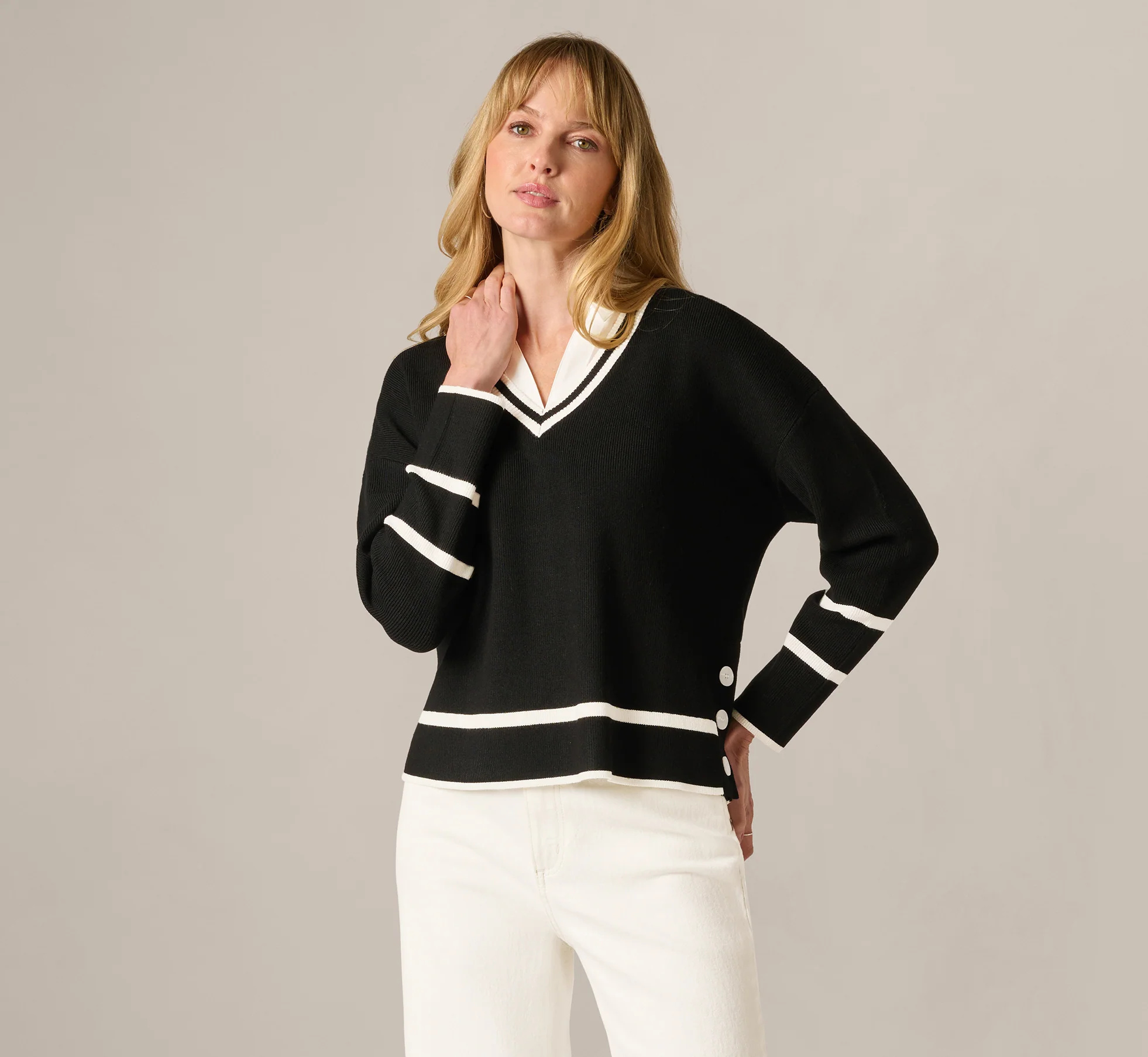 Long Sleeve Drop Shoulder Twofer Sweater In Black Ivory - Image 3