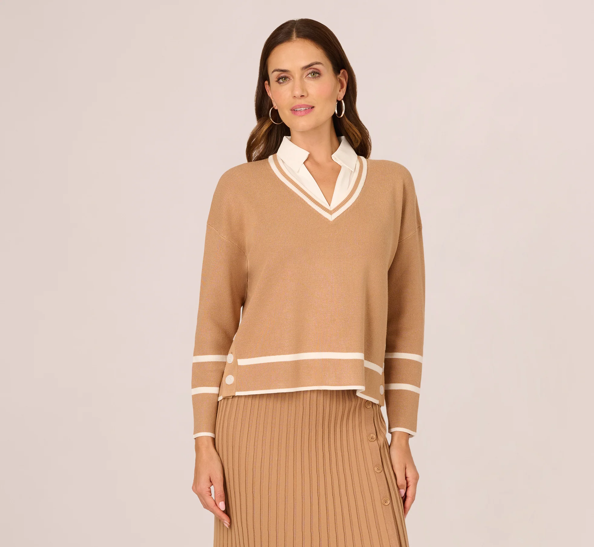 Long Sleeve Drop Shoulder Twofer Sweater In Golden Camel Ivory - Image 3
