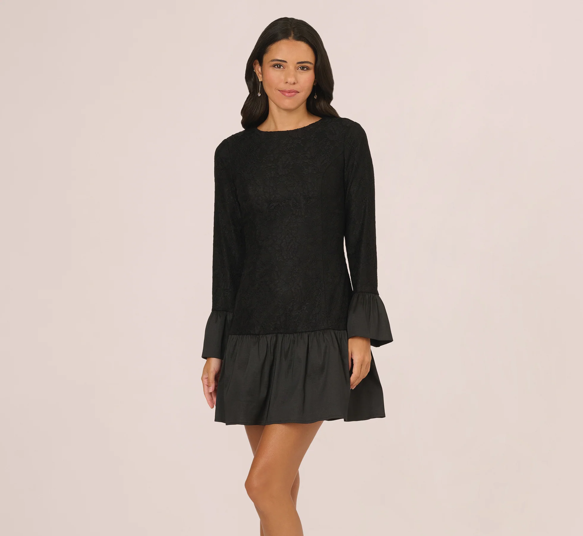 Long Sleeve Drop Waist Lace Dress In Black - Image 2