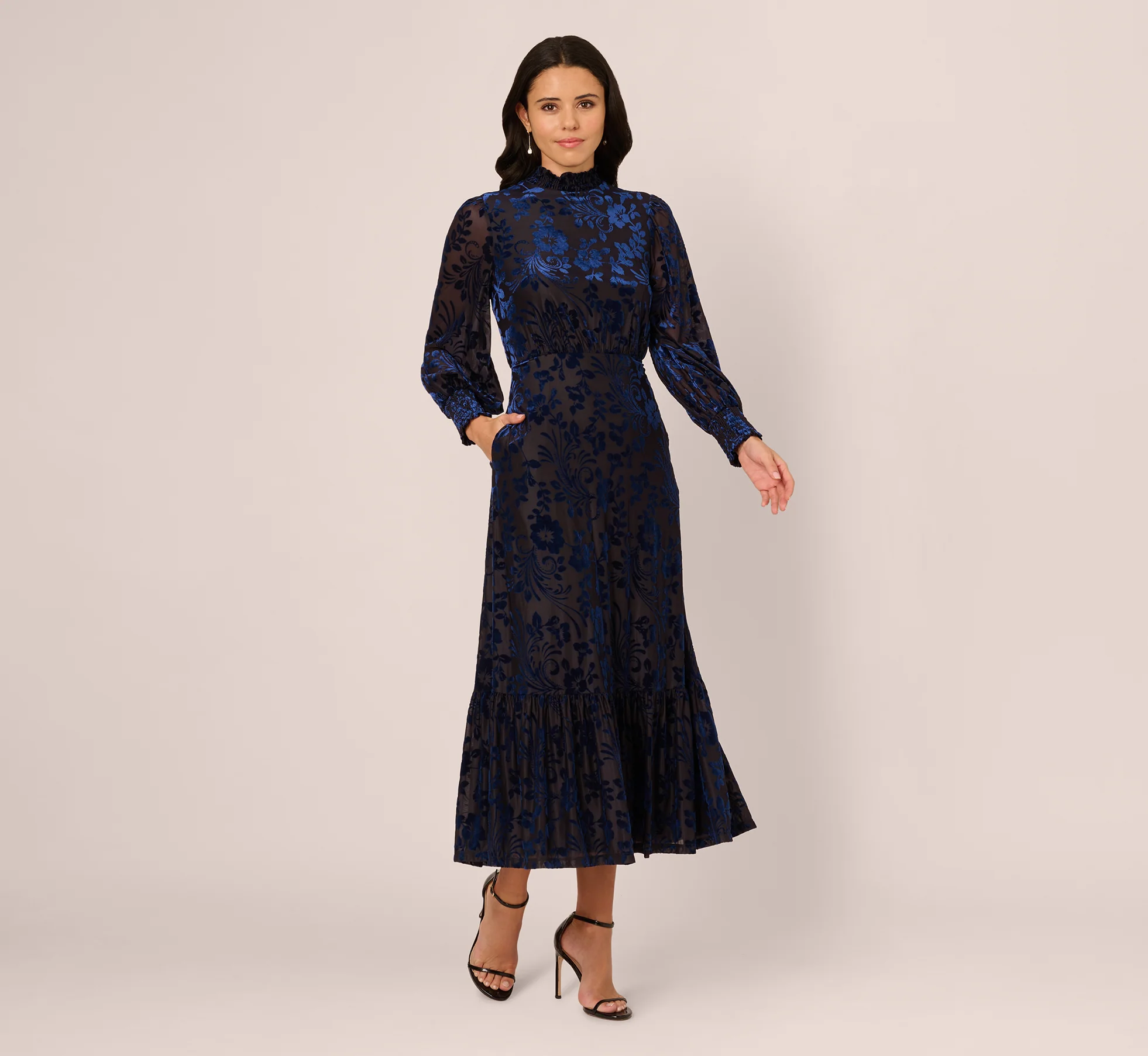 Long Sleeve Floral Velvet Burnout Midi Dress In Light Navy - Image 2