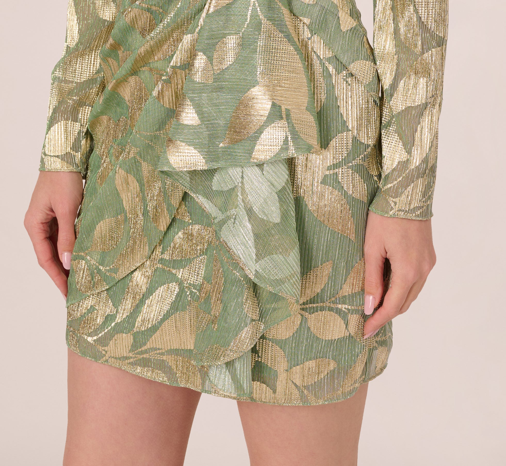Long Sleeve Foil Short Wrap Dress In Sage Gold - Image 4