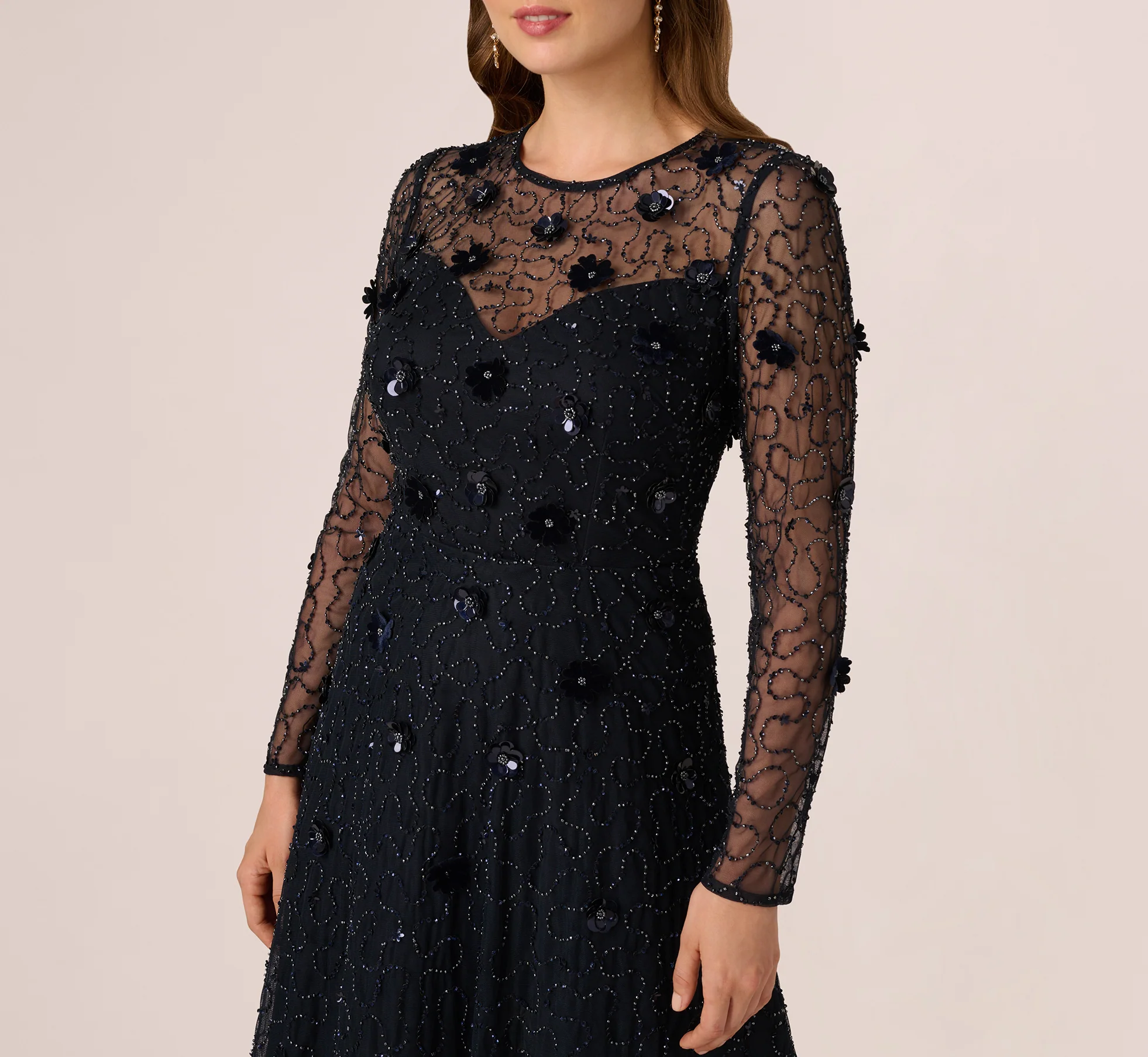 Long Sleeve Illusion Floral Beaded Midi Dress In Midnight - Image 4