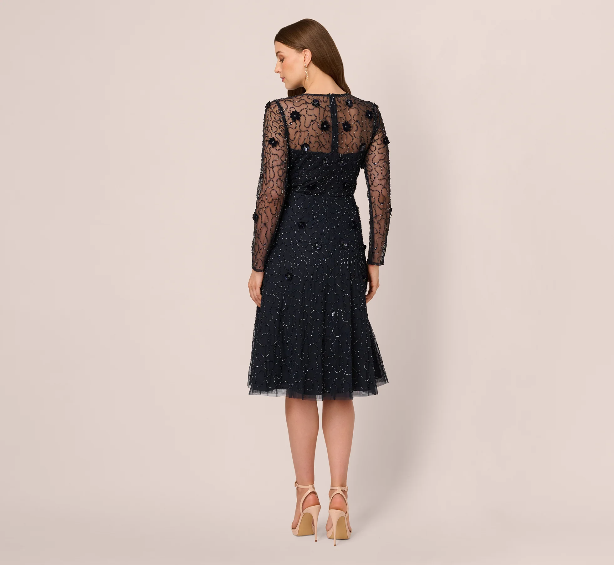 Long Sleeve Illusion Floral Beaded Midi Dress In Midnight - Image 6