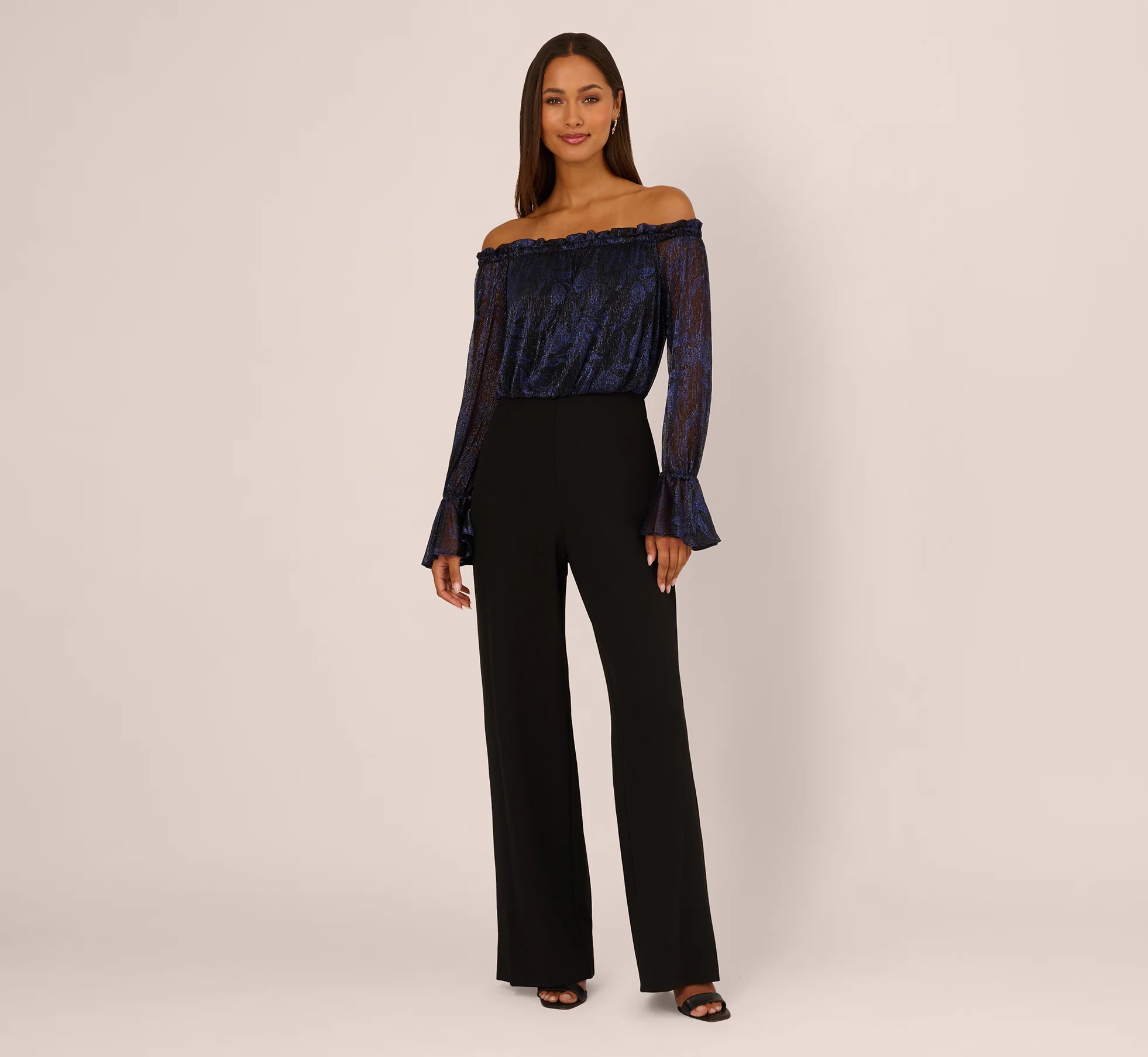 Long Sleeve Off Shoulder Metallic Combo Jumpsuit In Navy Black - Image 3