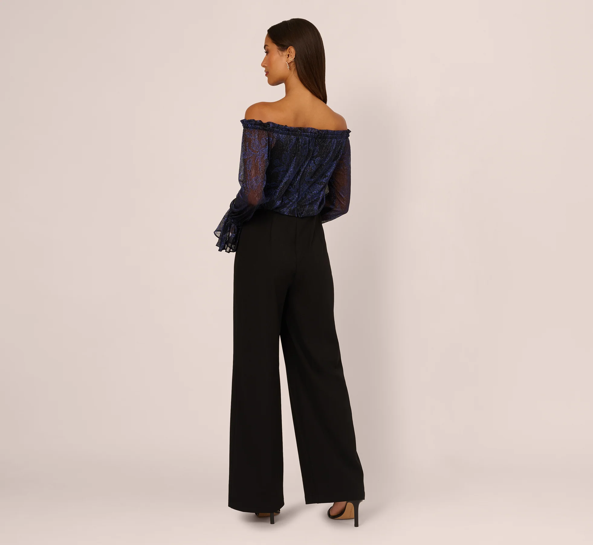 Long Sleeve Off Shoulder Metallic Combo Jumpsuit In Navy Black - Image 6
