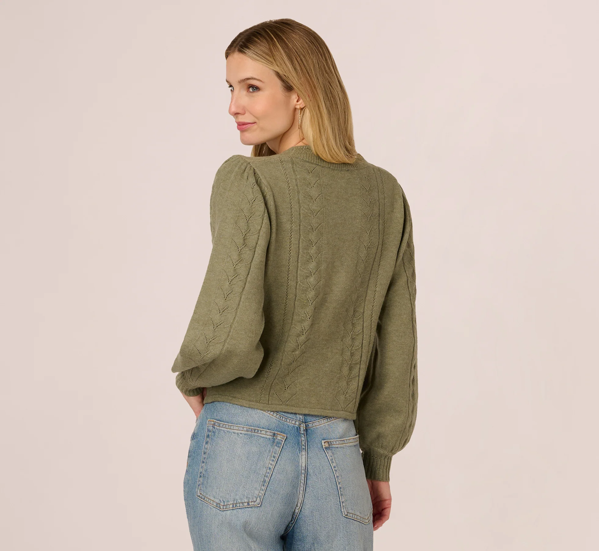 Long Sleeve Scalloped Pointelle Cardigan Sweater In Evergreen Fog - Image 7