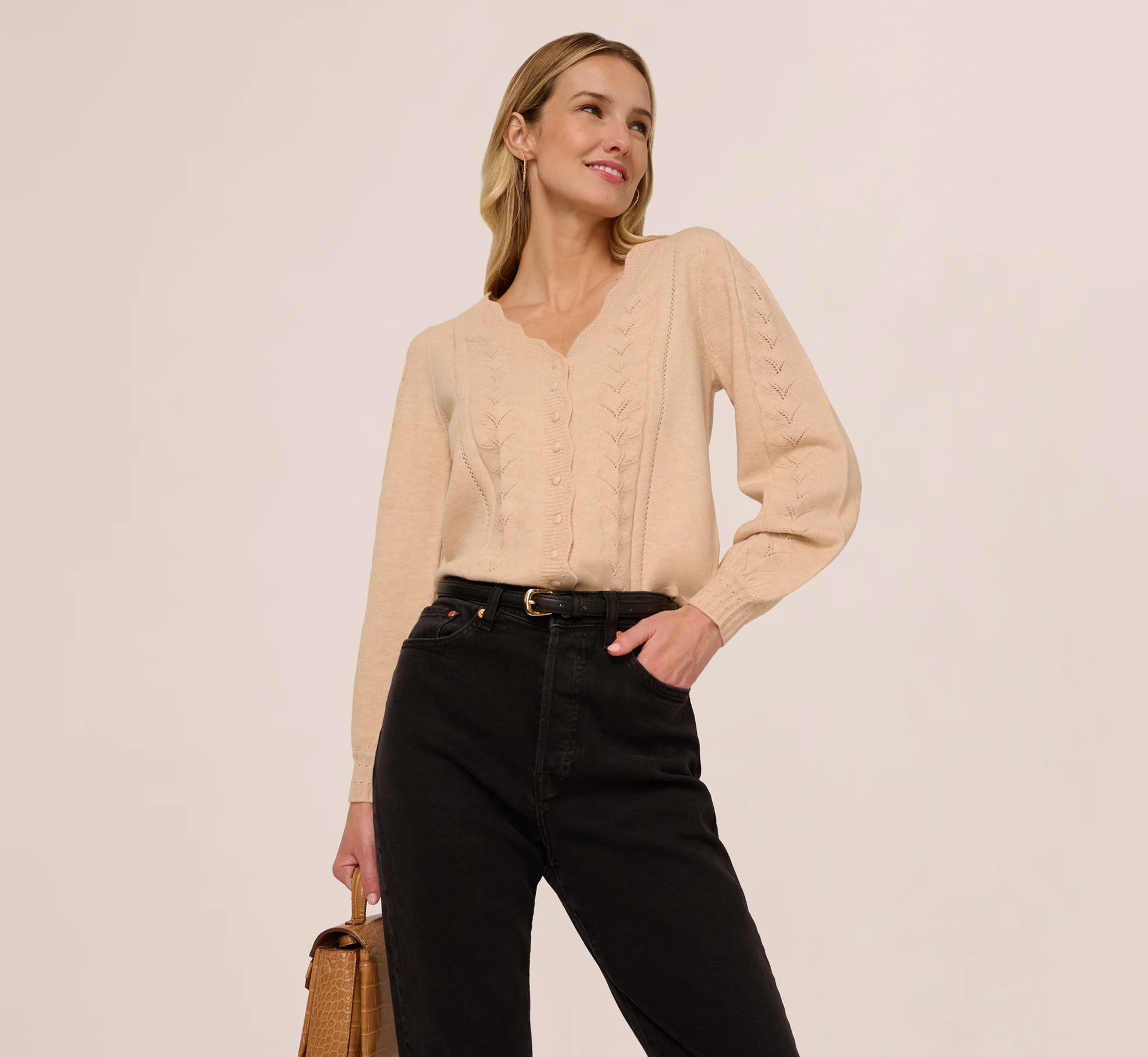 Long Sleeve Scalloped Pointelle Cardigan Sweater In Heather Fawn - Image 2