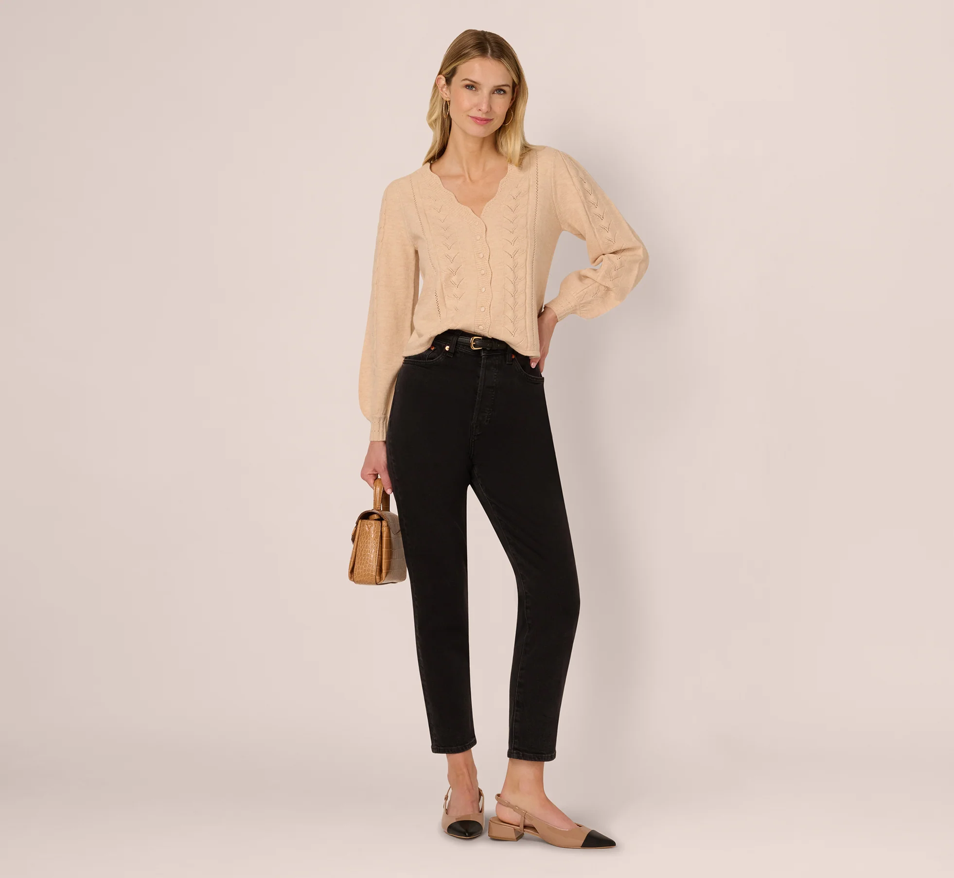 Long Sleeve Scalloped Pointelle Cardigan Sweater In Heather Fawn - Image 3