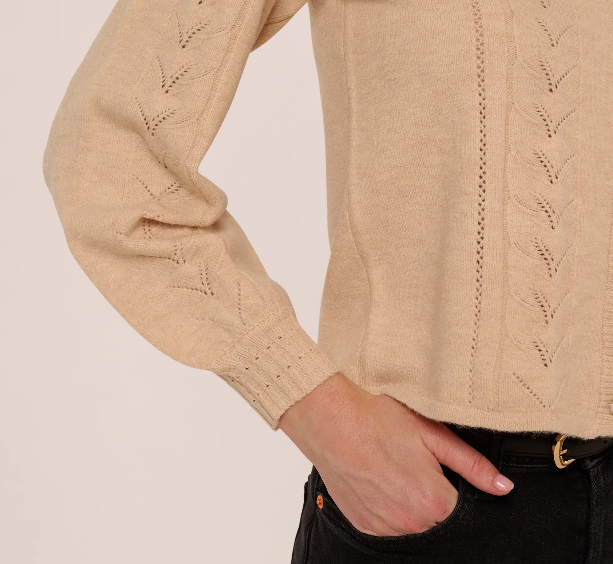 Long Sleeve Scalloped Pointelle Cardigan Sweater In Heather Fawn - Image 5