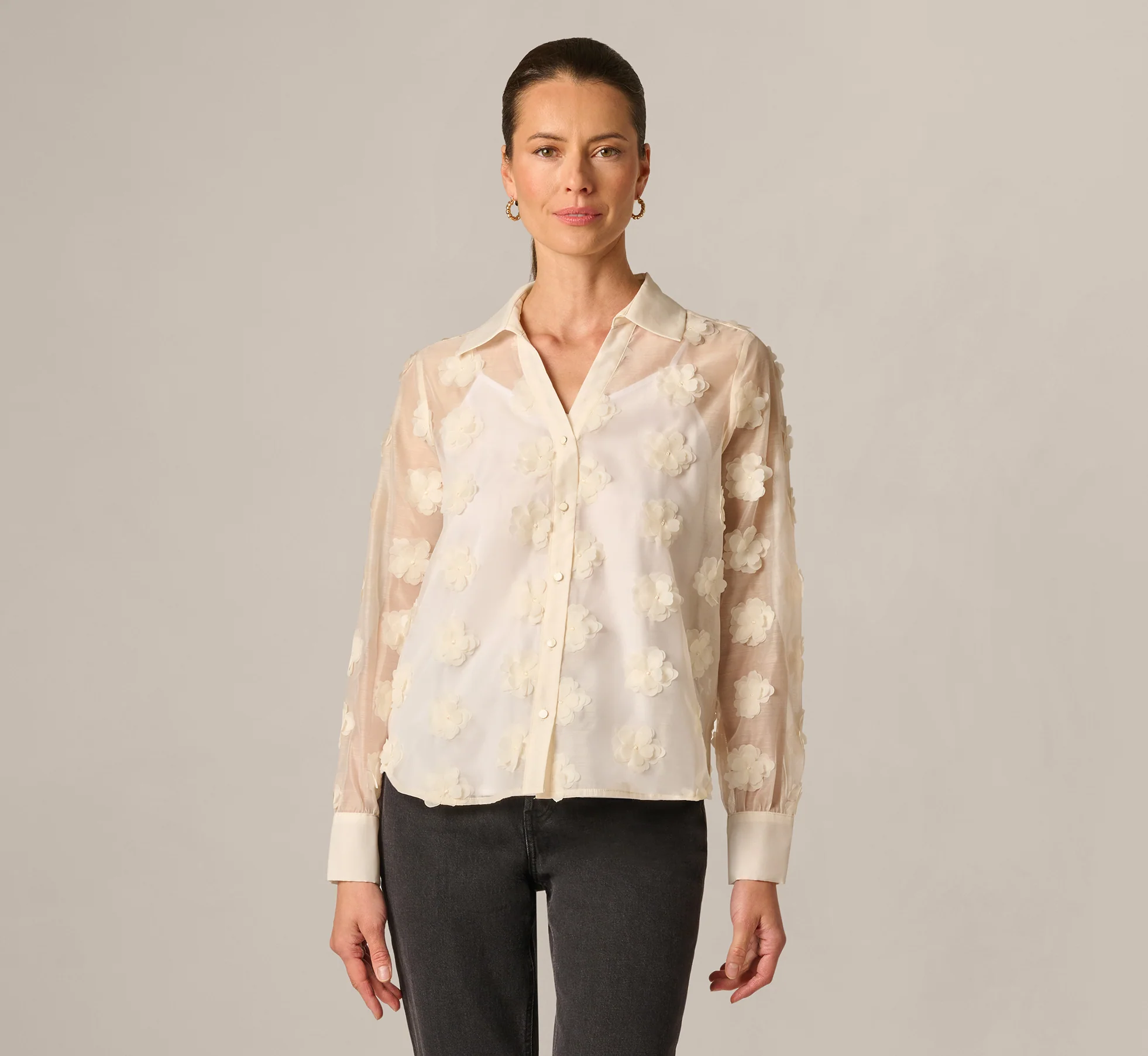 Long Sleeve Sheer 3D Floral Petal Blouse In Cream Frosting - Image 3