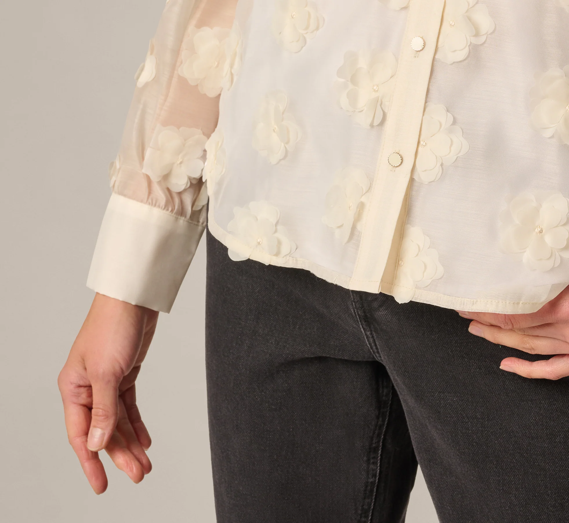 Long Sleeve Sheer 3D Floral Petal Blouse In Cream Frosting - Image 5