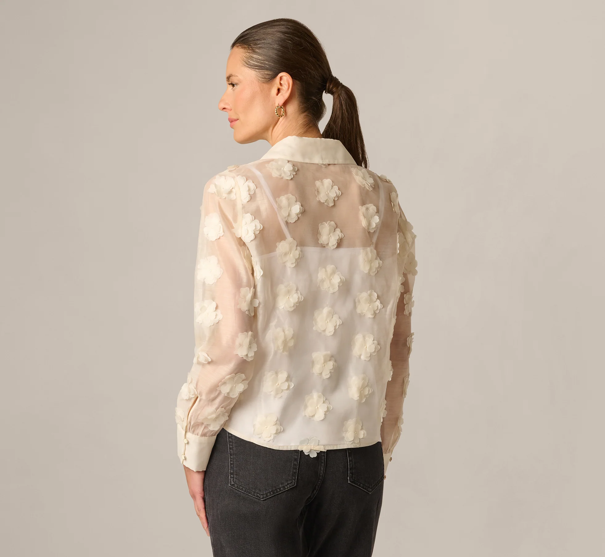 Long Sleeve Sheer 3D Floral Petal Blouse In Cream Frosting - Image 6