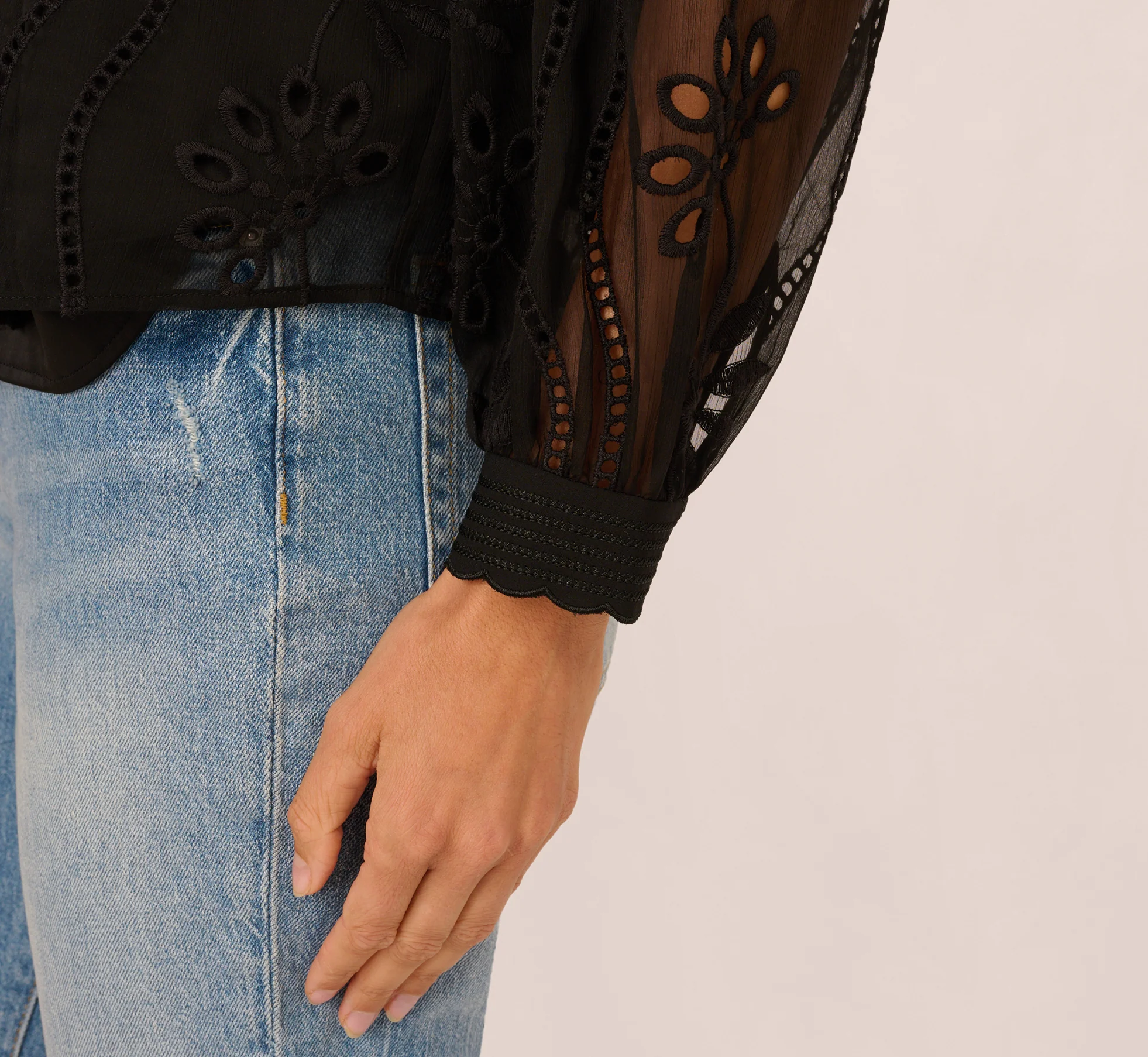 Long Sleeve Sheer Floral Eyelet Lace Blouse In Black - Image 5