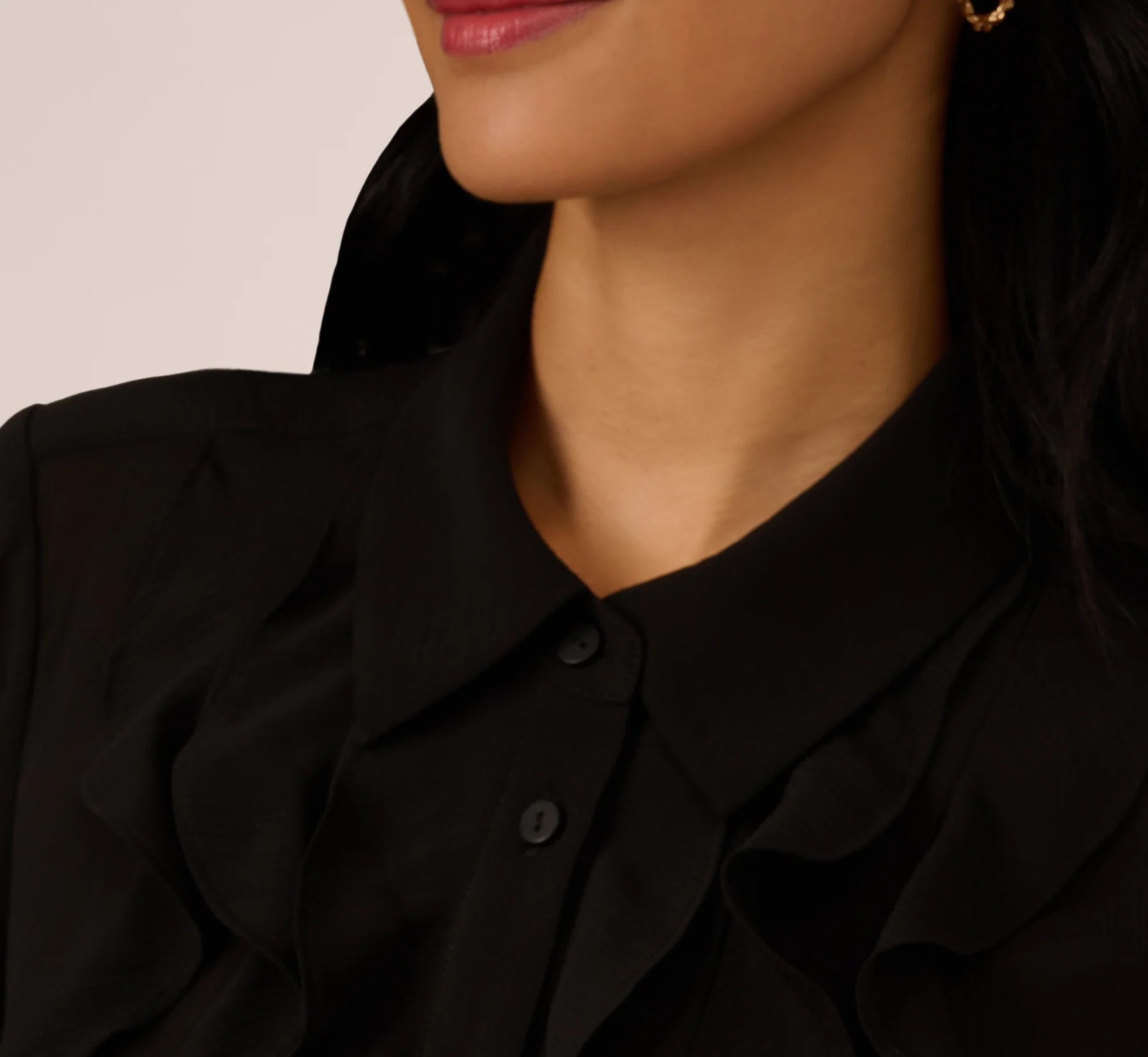 Long Sleeve Sheer Ruffle Front Blouse In Black - Image 6