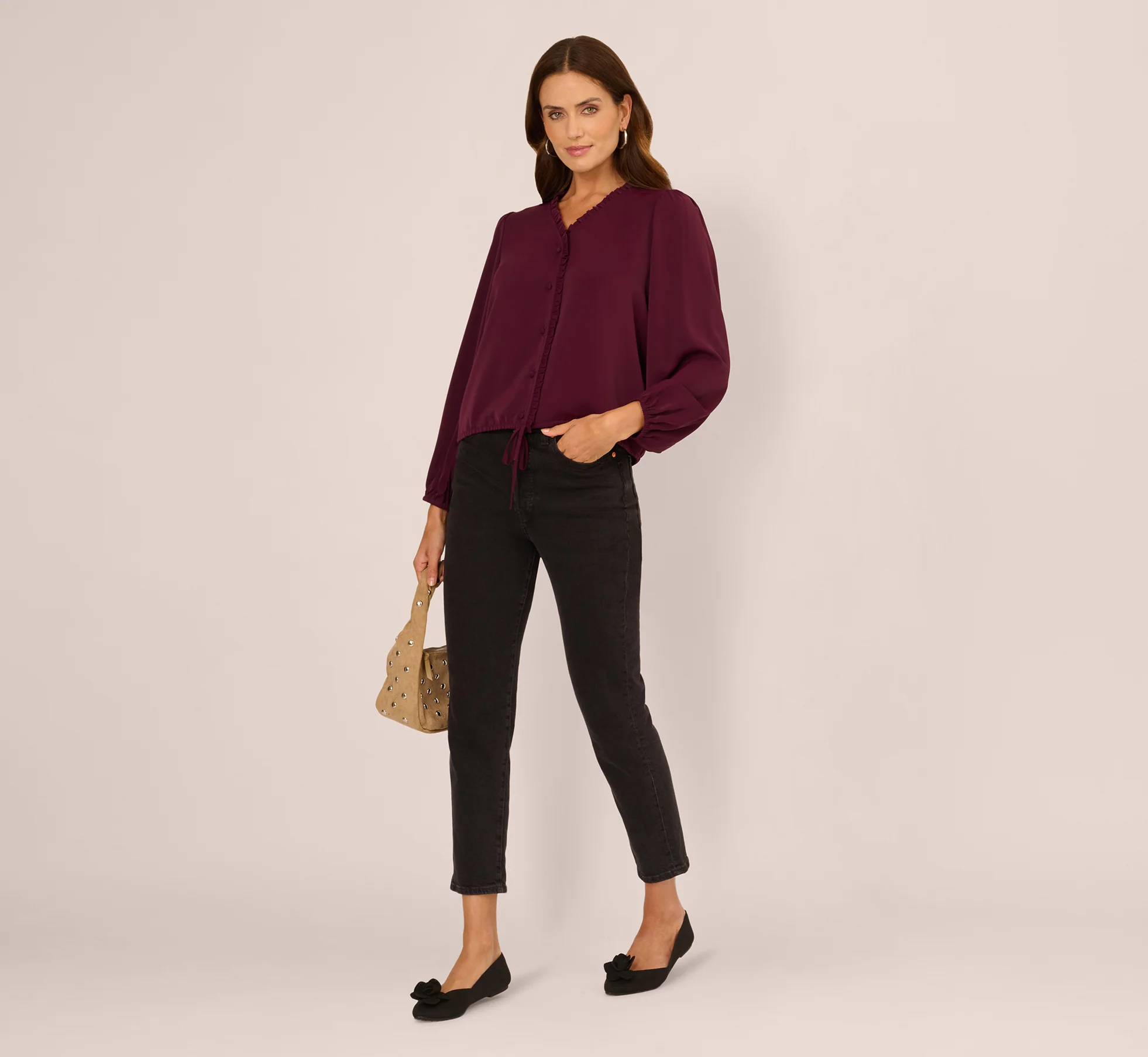 Long Sleeve Silky Buttoned Blouse In Raisin - Image 3