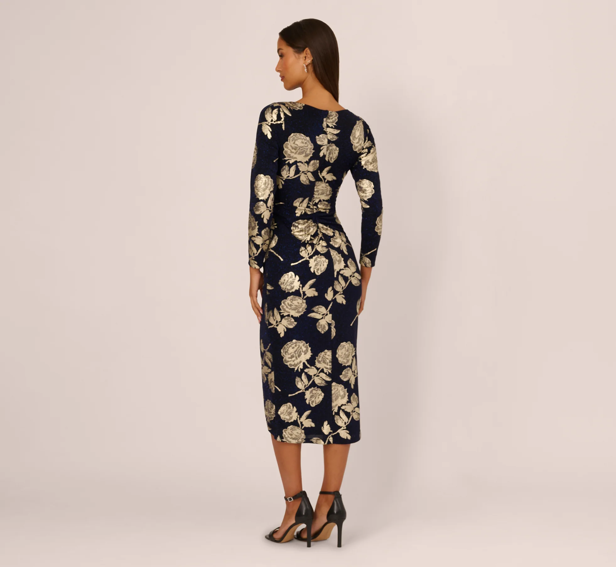 Long Sleeve Stretch Metallic Rose Floral Midi Dress In Navy Gold - Image 5