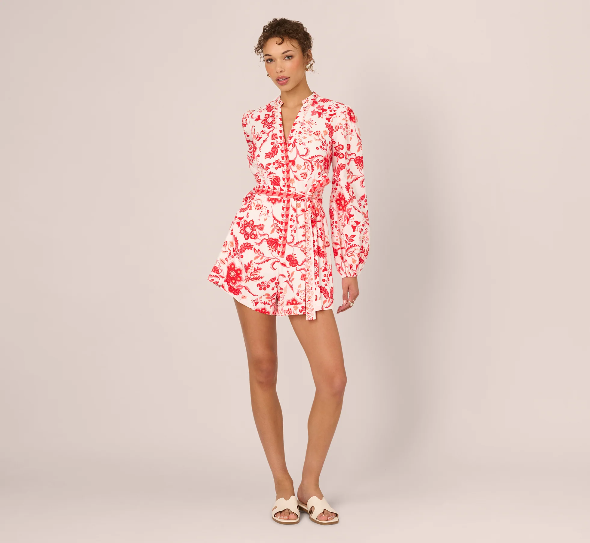 Long Sleeve Tie Front Floral Romper In White Coral Multi - Image 8