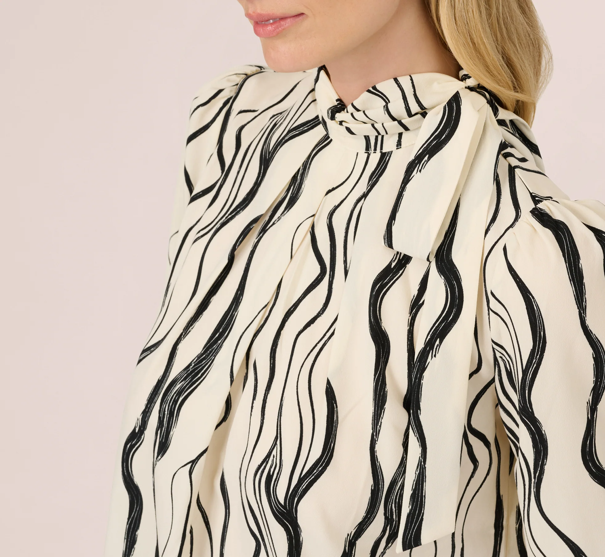 Long Sleeve Tie Neck Blouse In Ivory Black Abstract Brush - Image 4