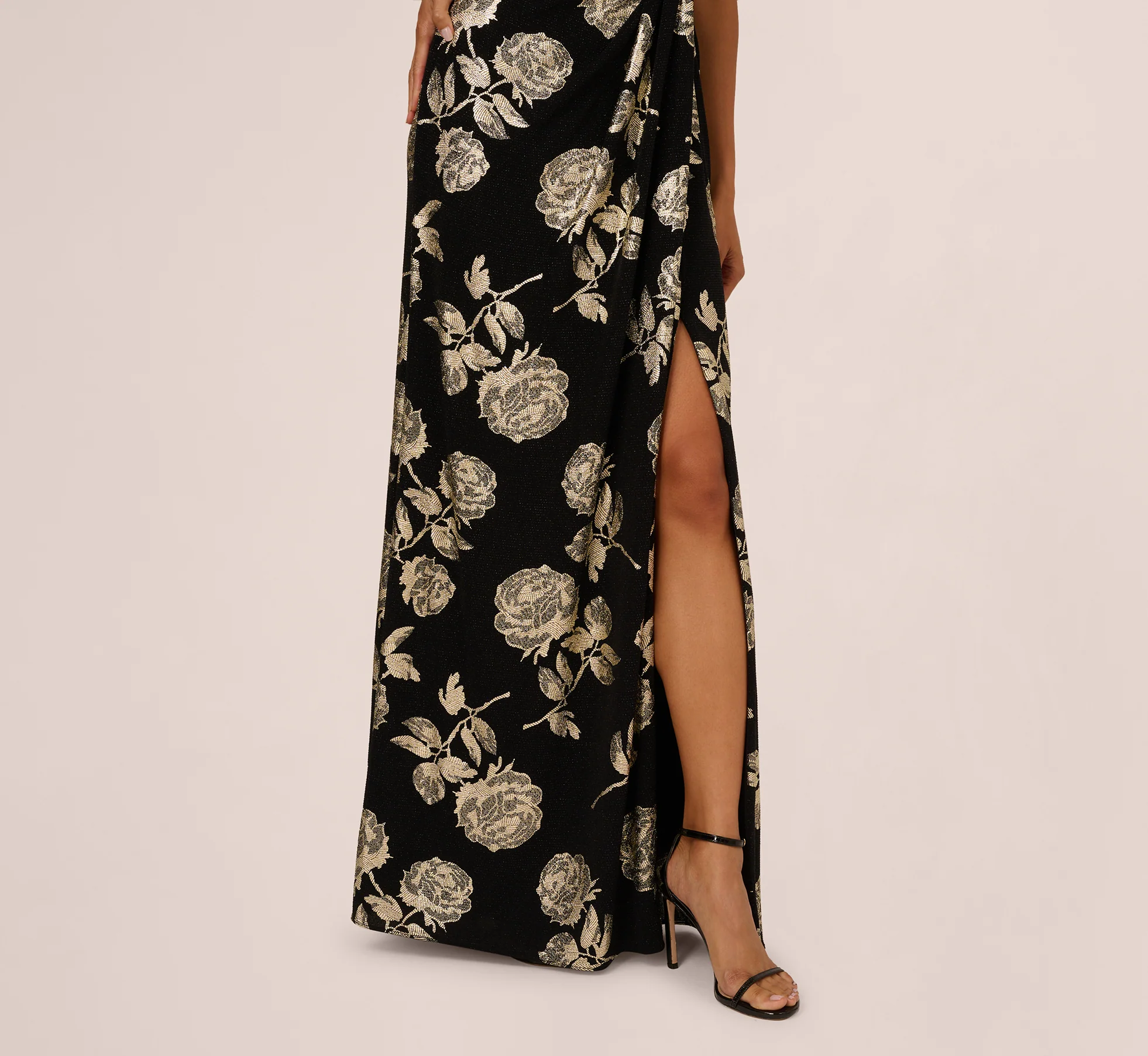 Metallic Rose Floral Halter Gown In Black Gold - Image 4