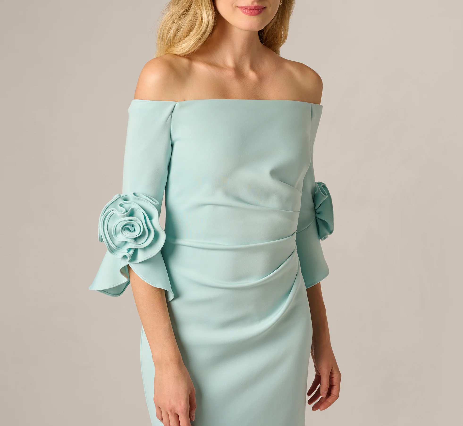Off Shoulder Bell Sleeve Rosette Gown In Airy Aqua - Image 3