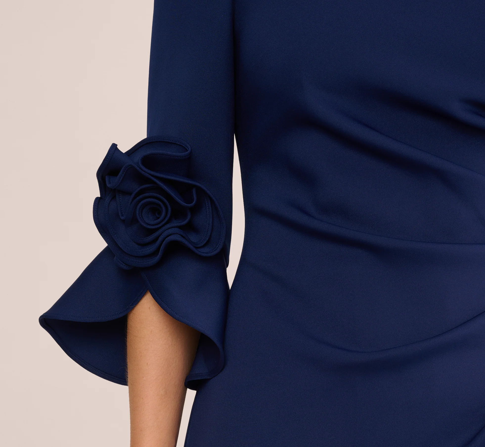 Off Shoulder Bell Sleeve Rosette Gown In Navy Sateen - Image 4
