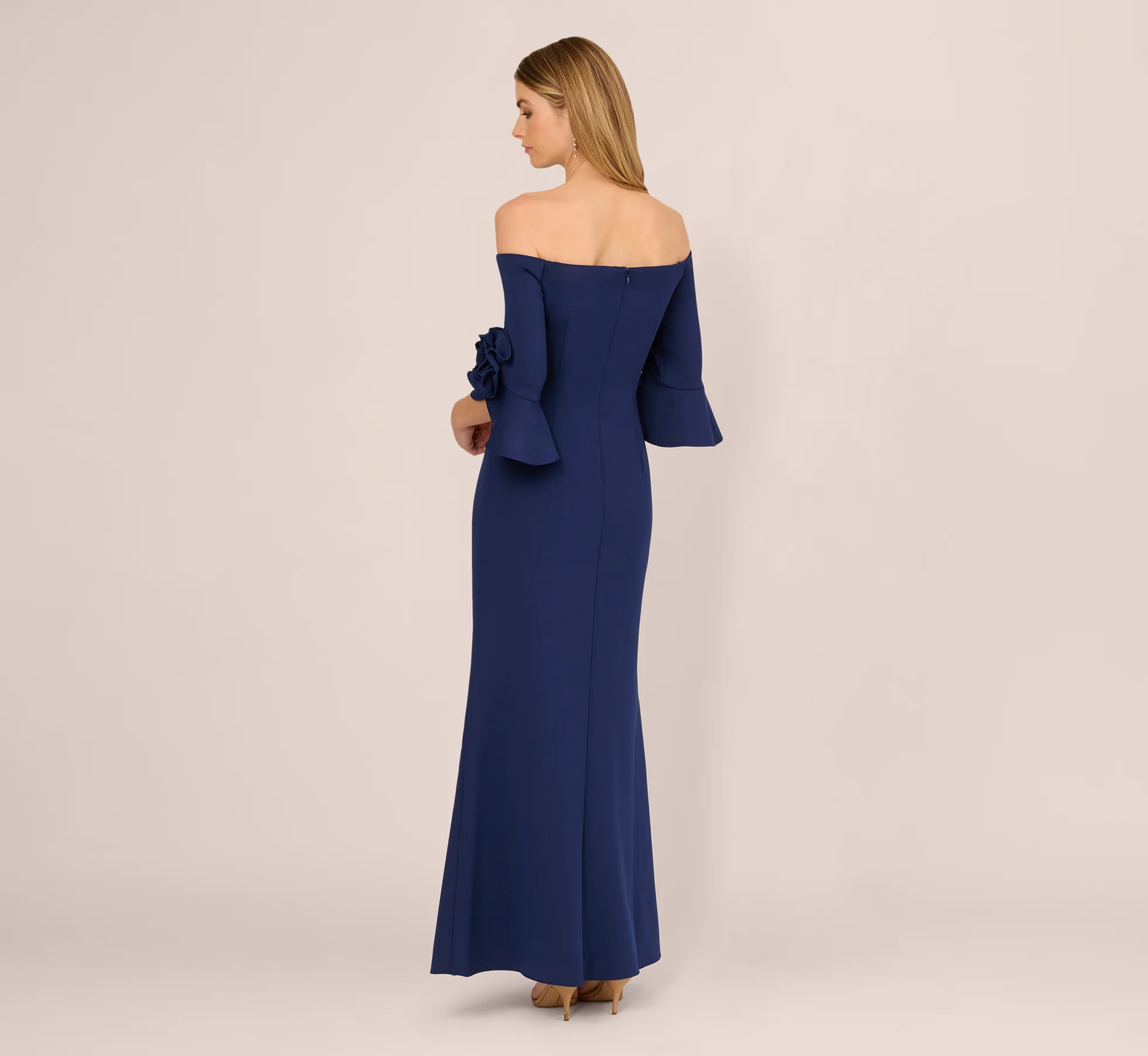 Off Shoulder Bell Sleeve Rosette Gown In Navy Sateen - Image 6