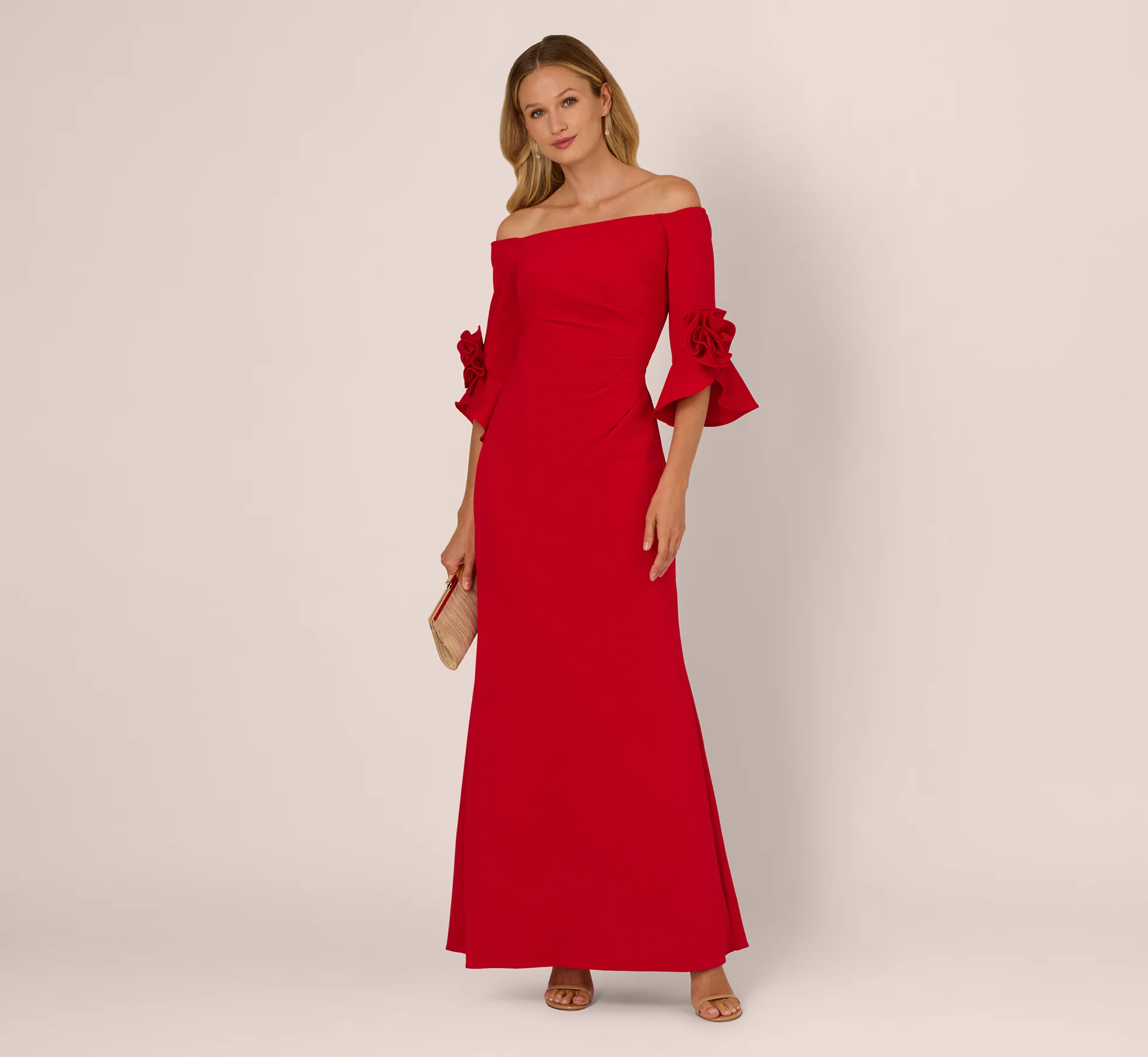 Off Shoulder Bell Sleeve Rosette Gown In Super Red - Image 2