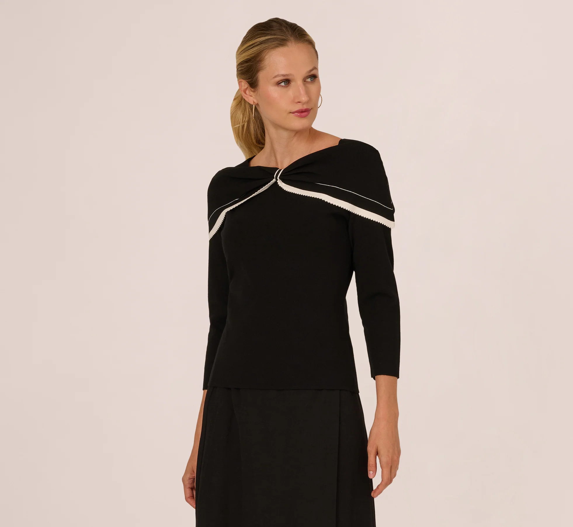 Off Shoulder Bow Collar Sweater In Black Ivory - Image 3