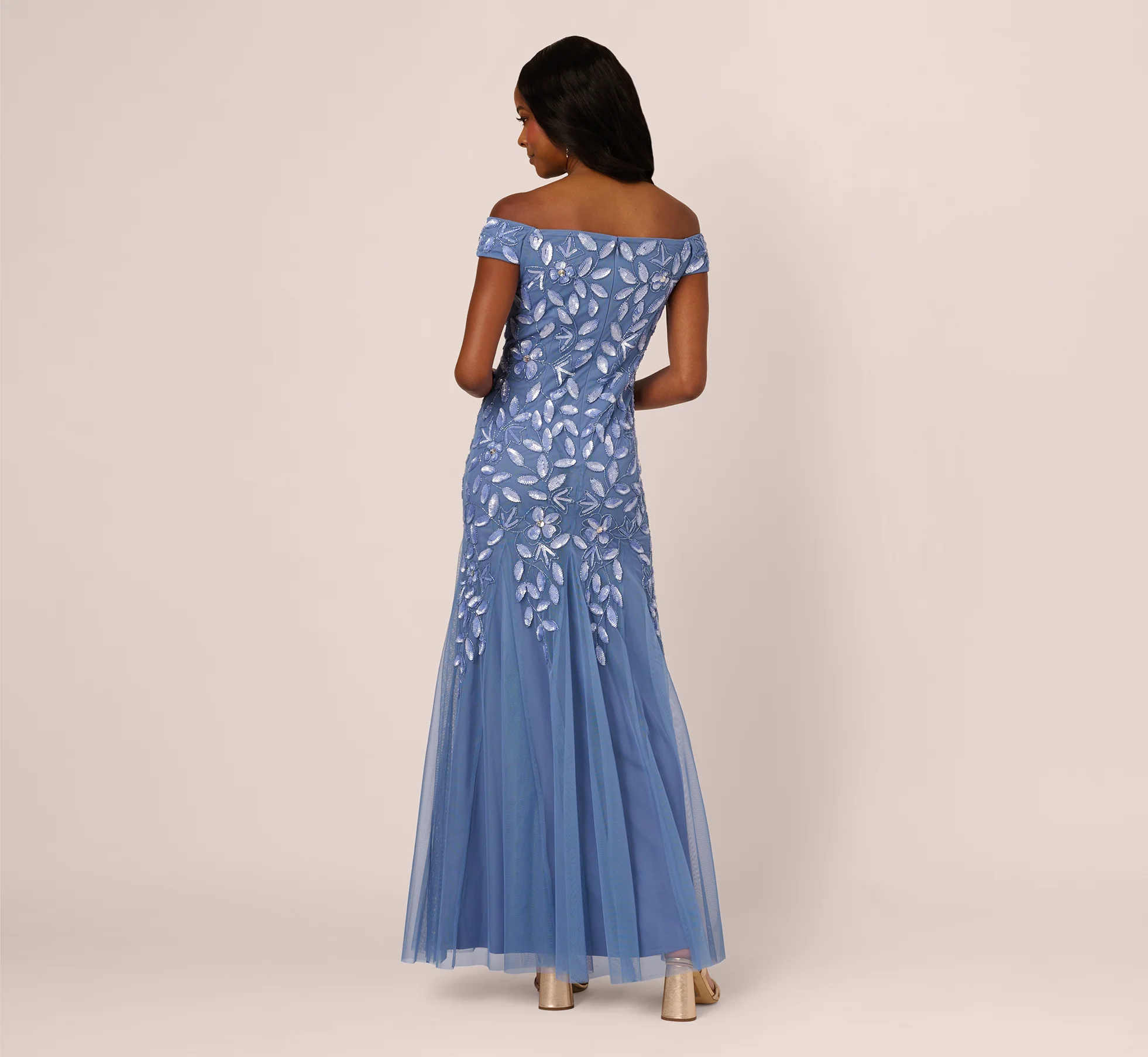 Off Shoulder Floral Beaded Godet Gown In French Blue - Image 6