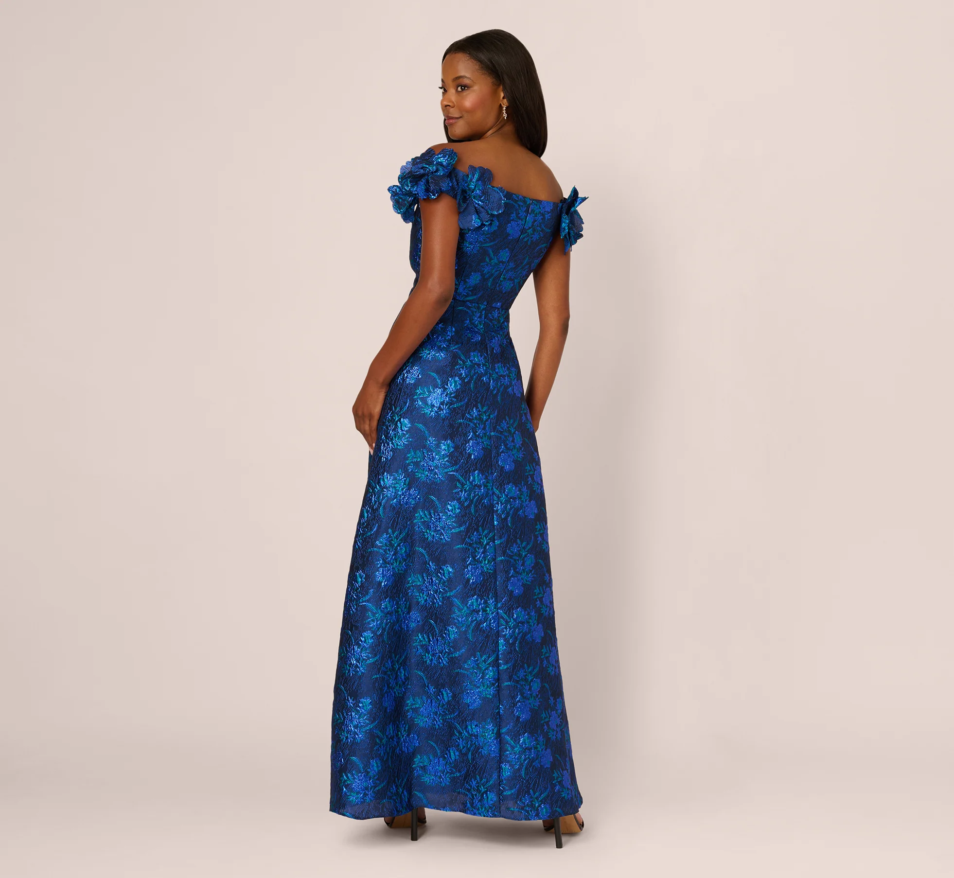 Off Shoulder Floral Jacquard A Line Gown In Navy Blue Multi - Image 5