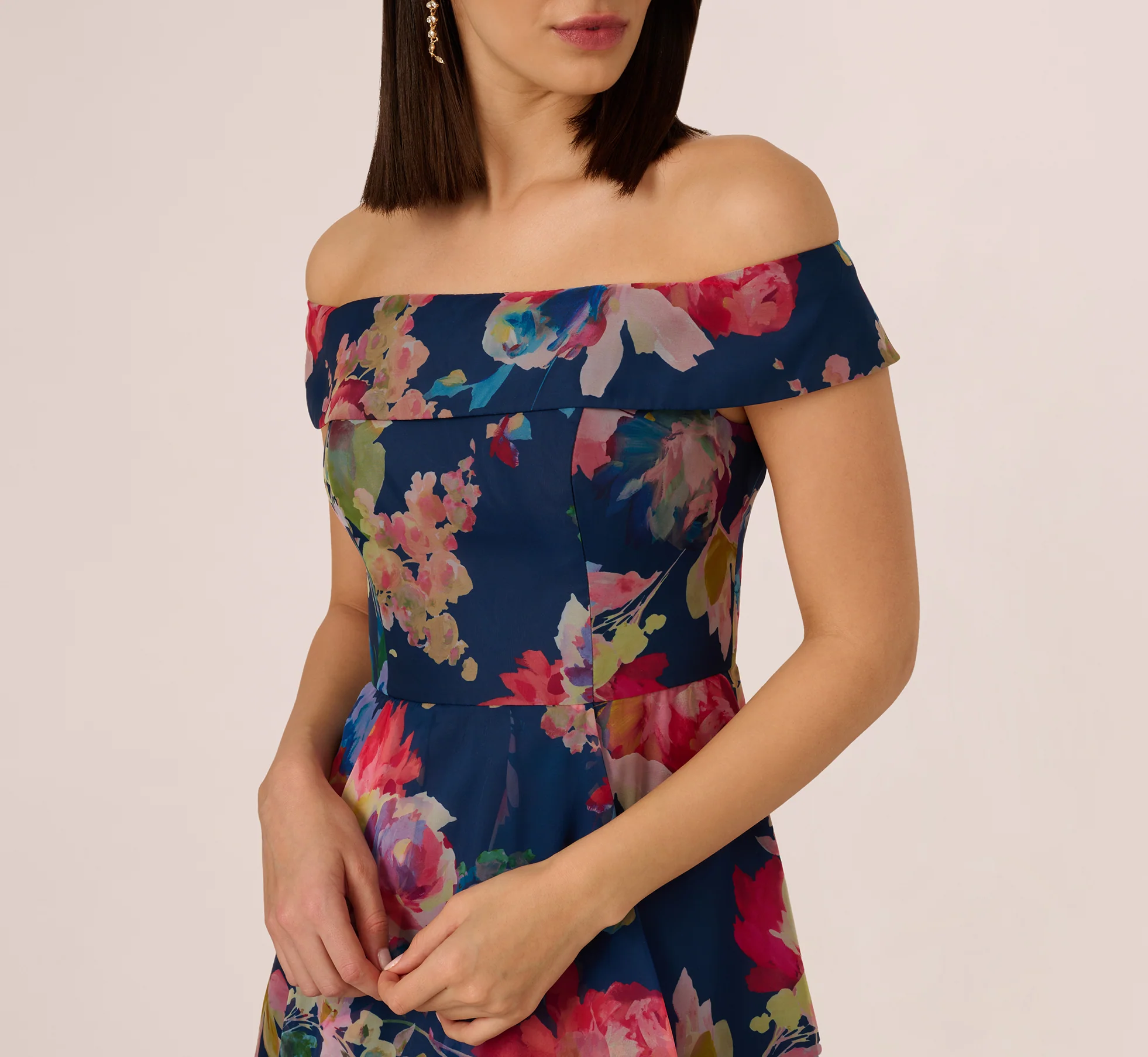 Off Shoulder Floral Organza High Low Dress In Navy Multi - Image 4