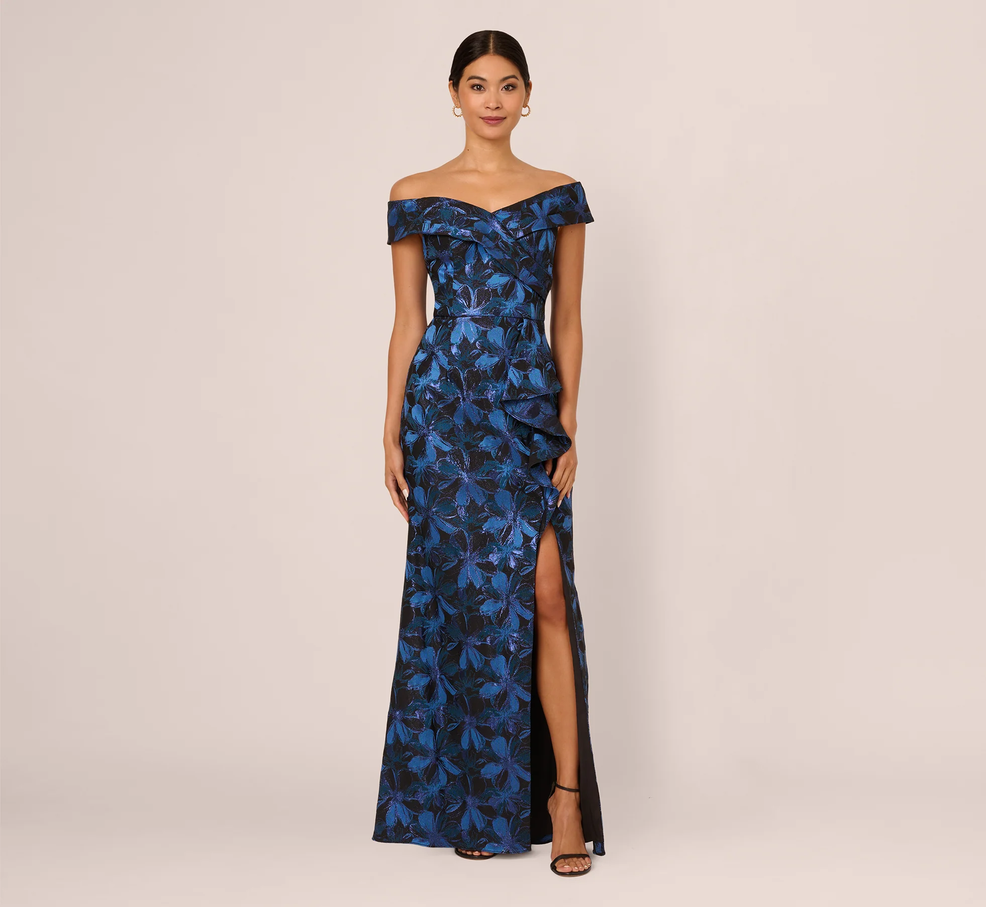 Off Shoulder Jacquard Gown In Blue Multi - Image 2