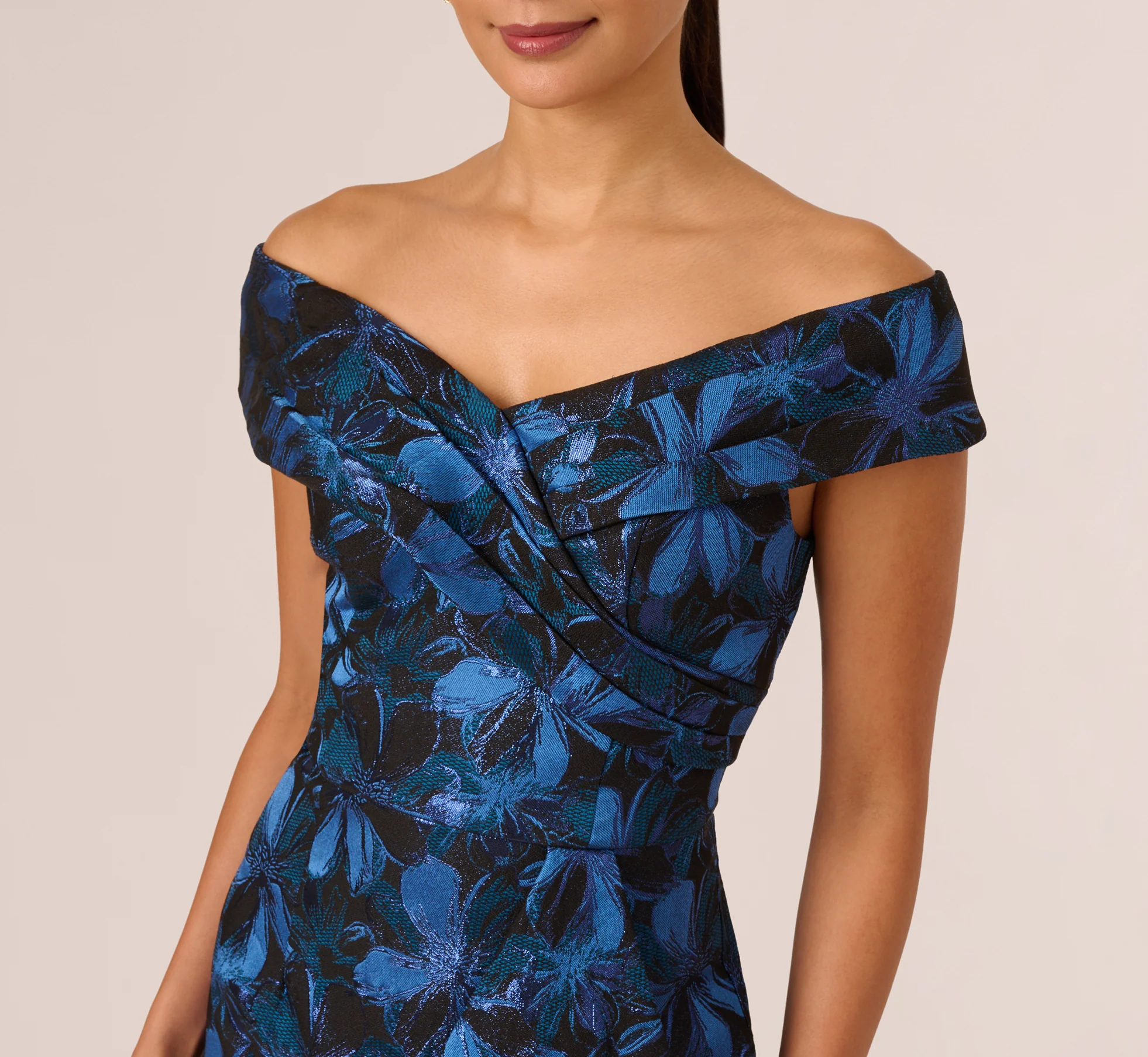Off Shoulder Jacquard Gown In Blue Multi - Image 4