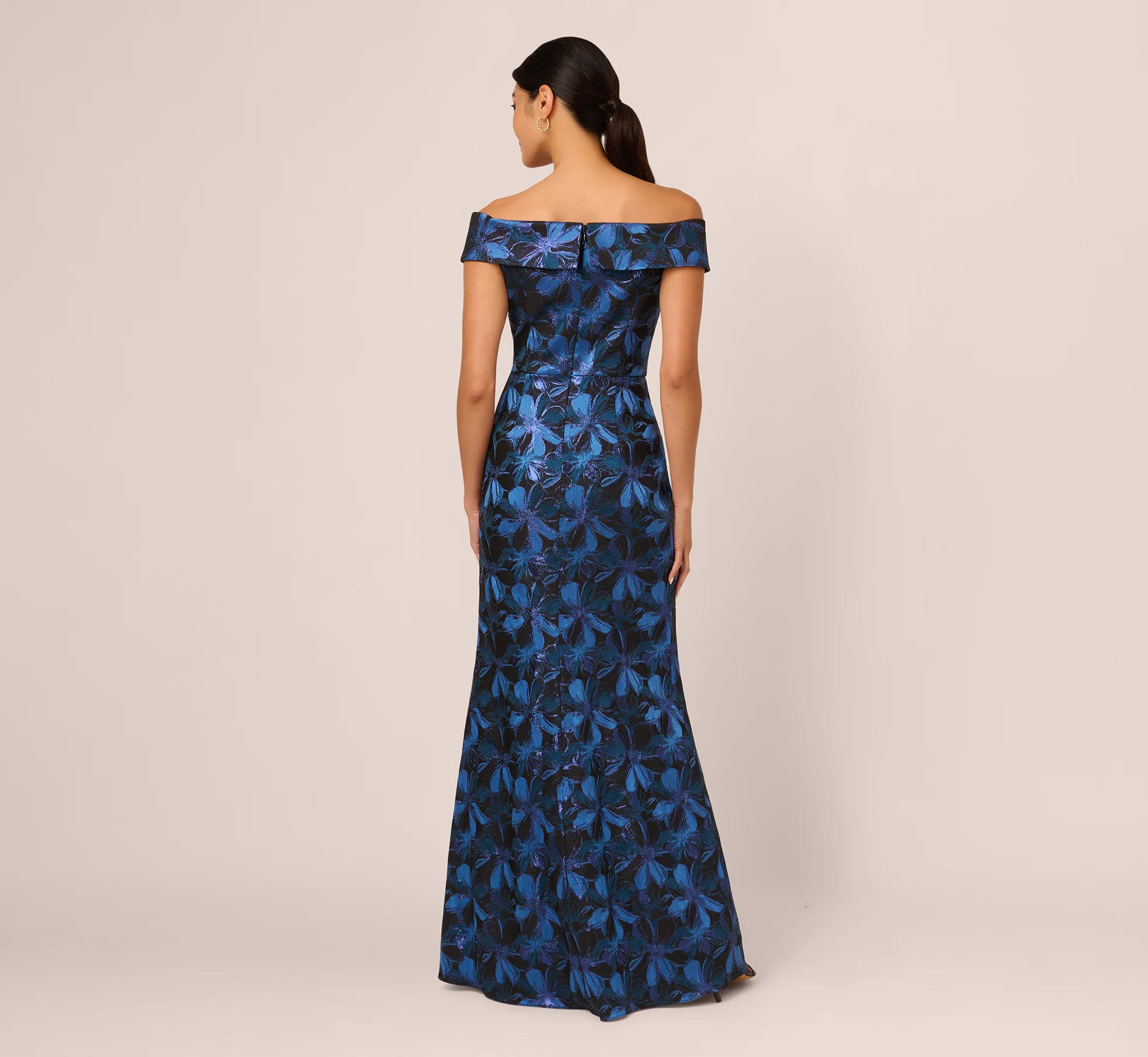 Off Shoulder Jacquard Gown In Blue Multi - Image 5