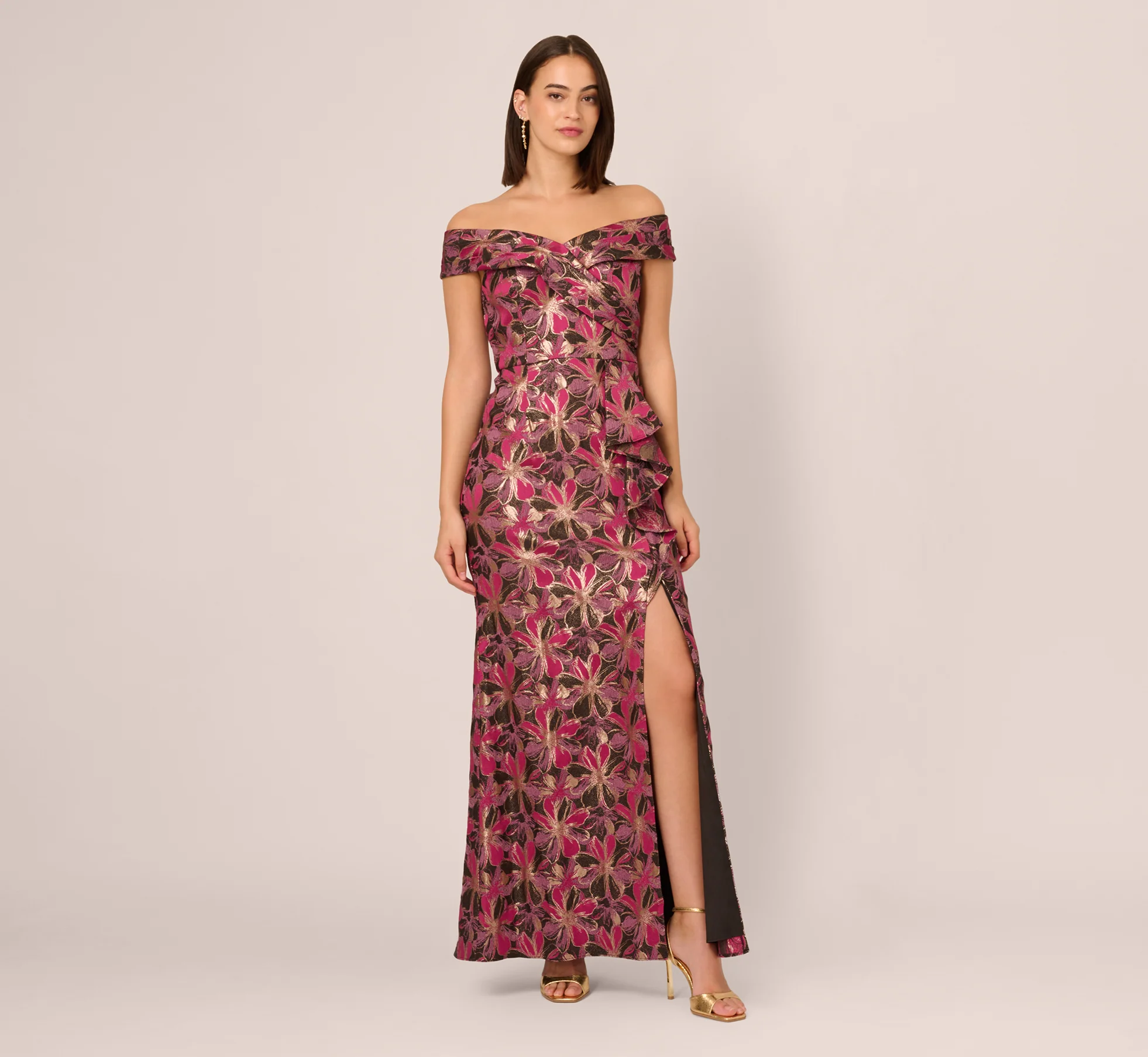 Off Shoulder Jacquard Gown In Fuchsia Multi - Image 2