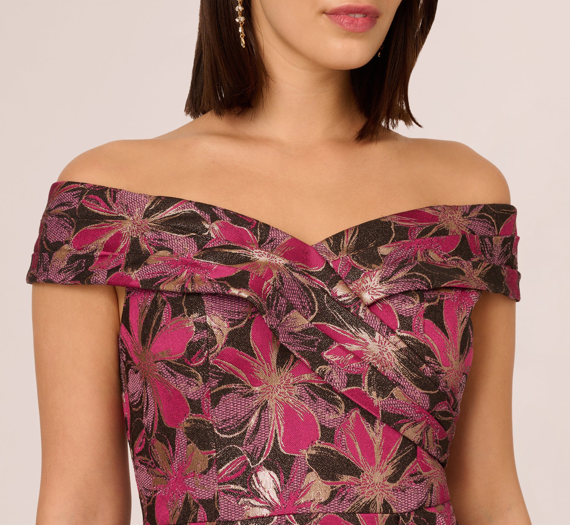 Off Shoulder Jacquard Gown In Fuchsia Multi - Image 3