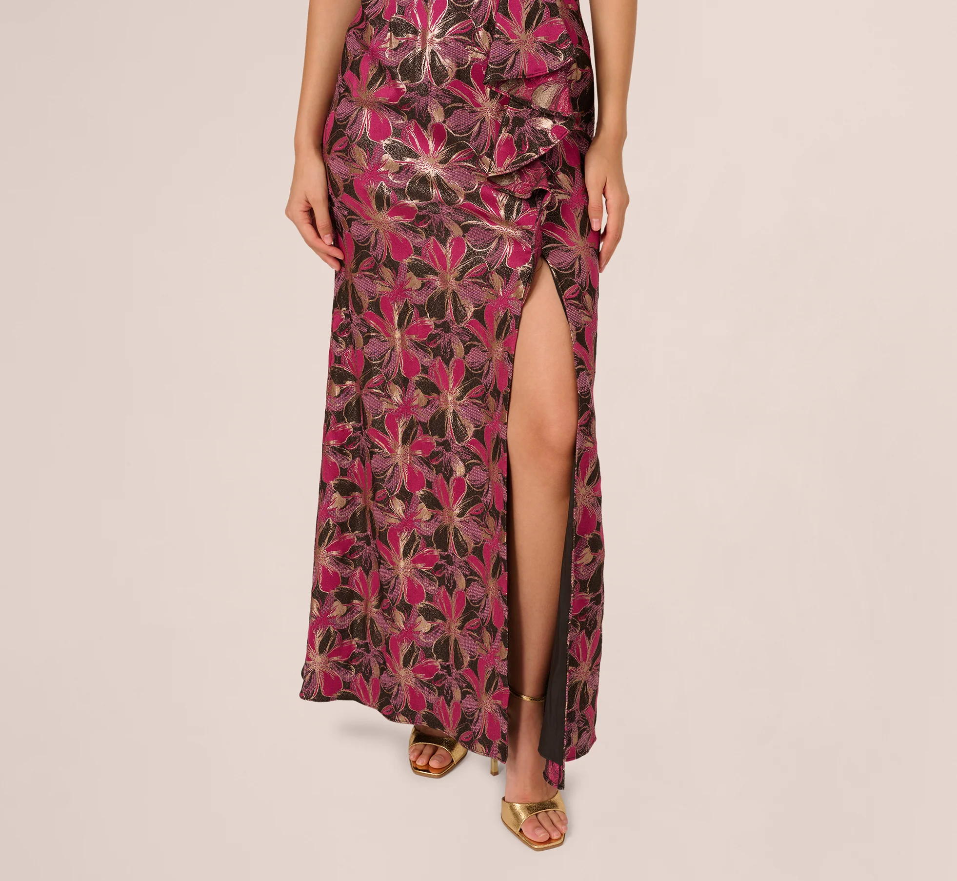 Off Shoulder Jacquard Gown In Fuchsia Multi - Image 4