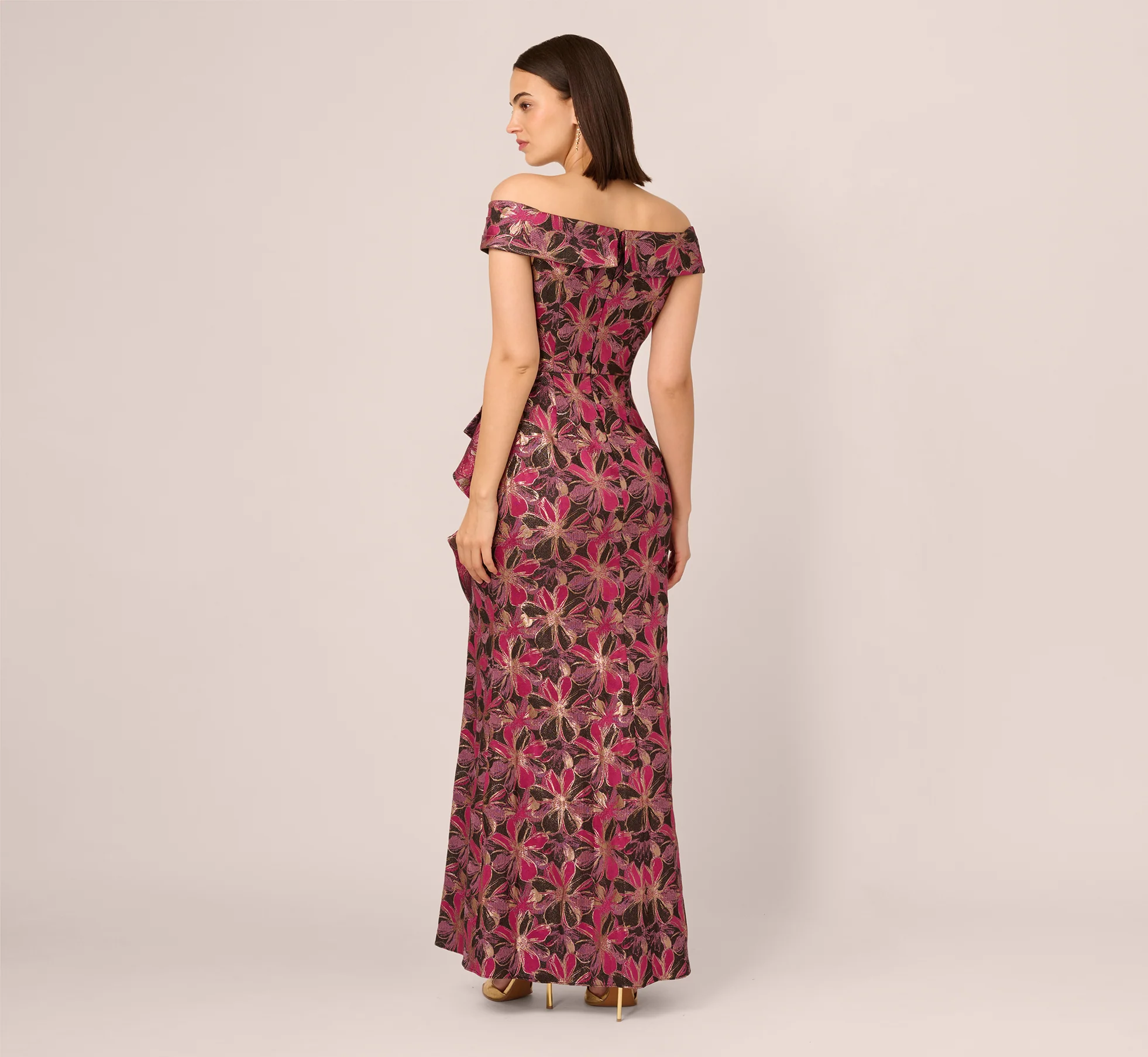 Off Shoulder Jacquard Gown In Fuchsia Multi - Image 5