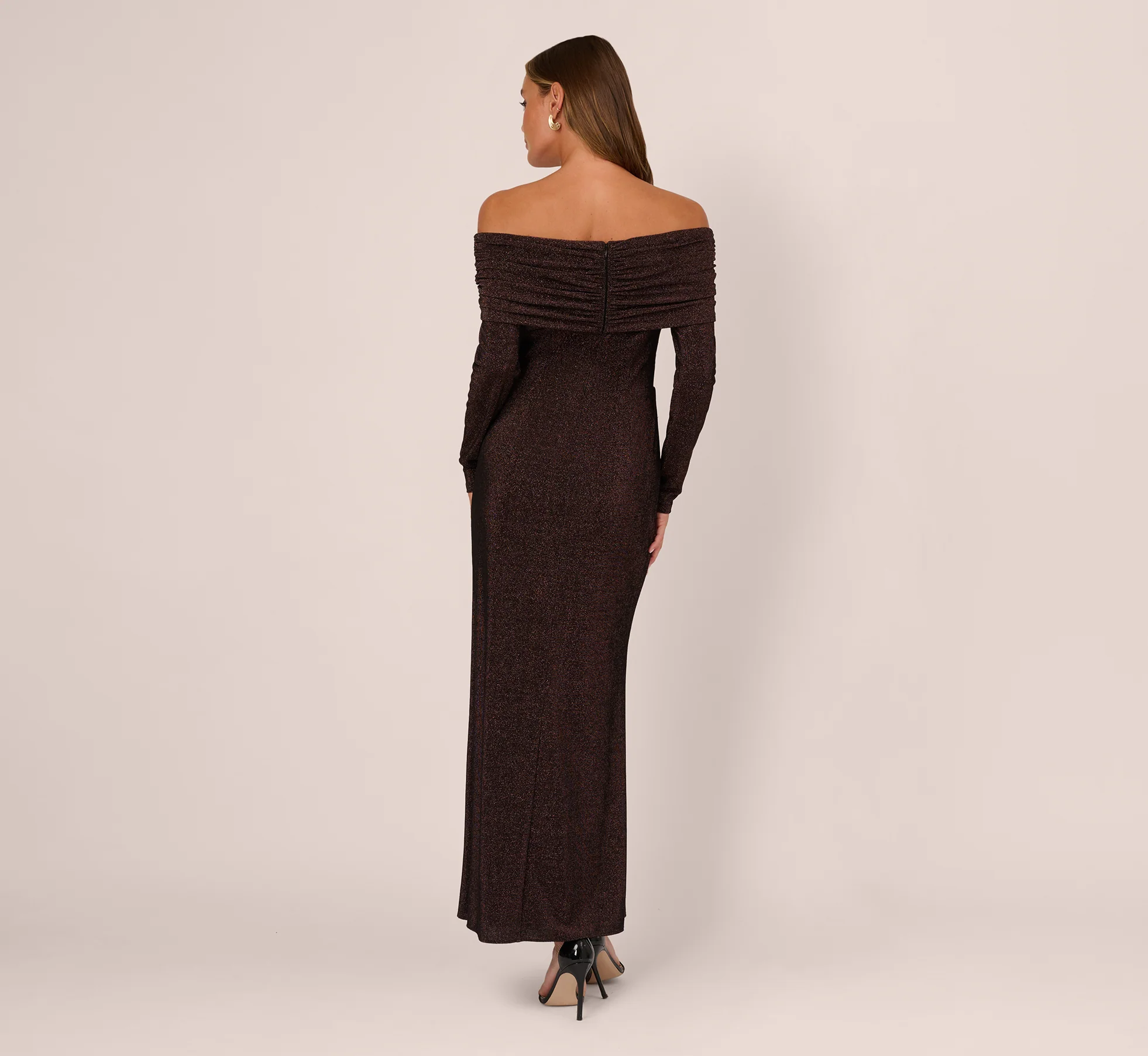 Off Shoulder Long Sleeve Metallic Knit Maxi Dress In Chocolate - Image 6