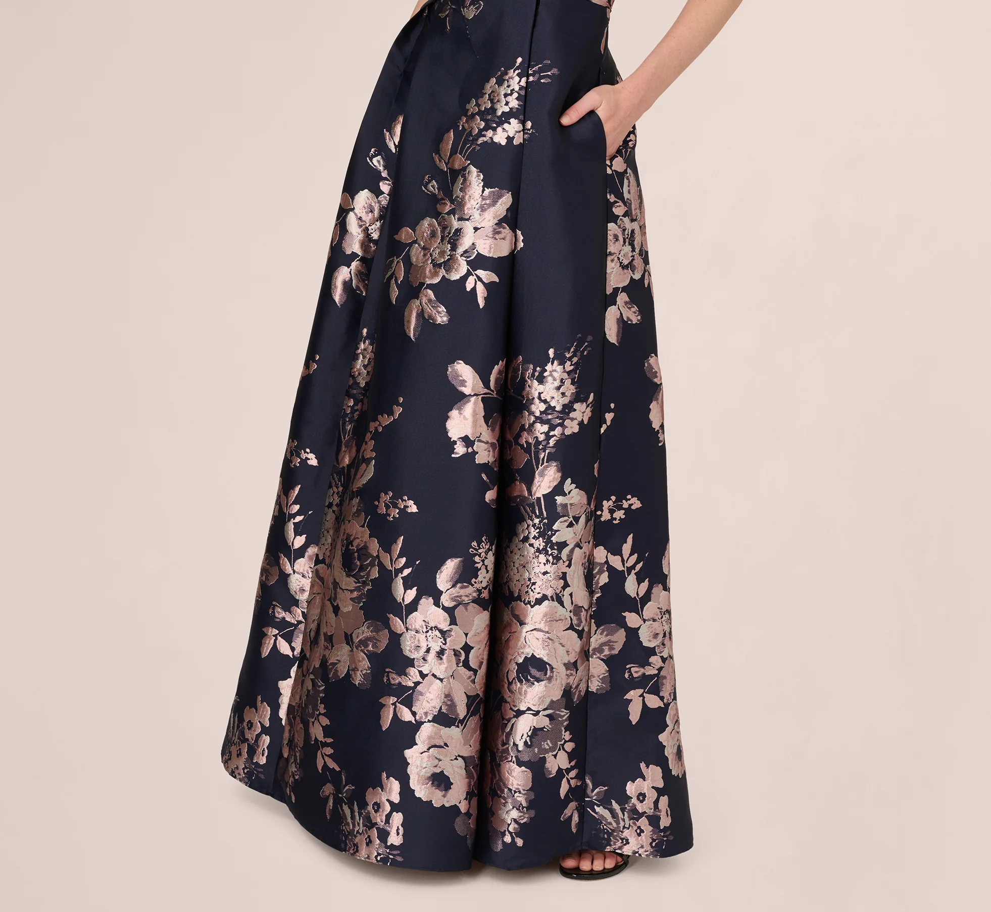 Off Shoulder Metallic Floral Jacquard Gown In Navy Blush - Image 5