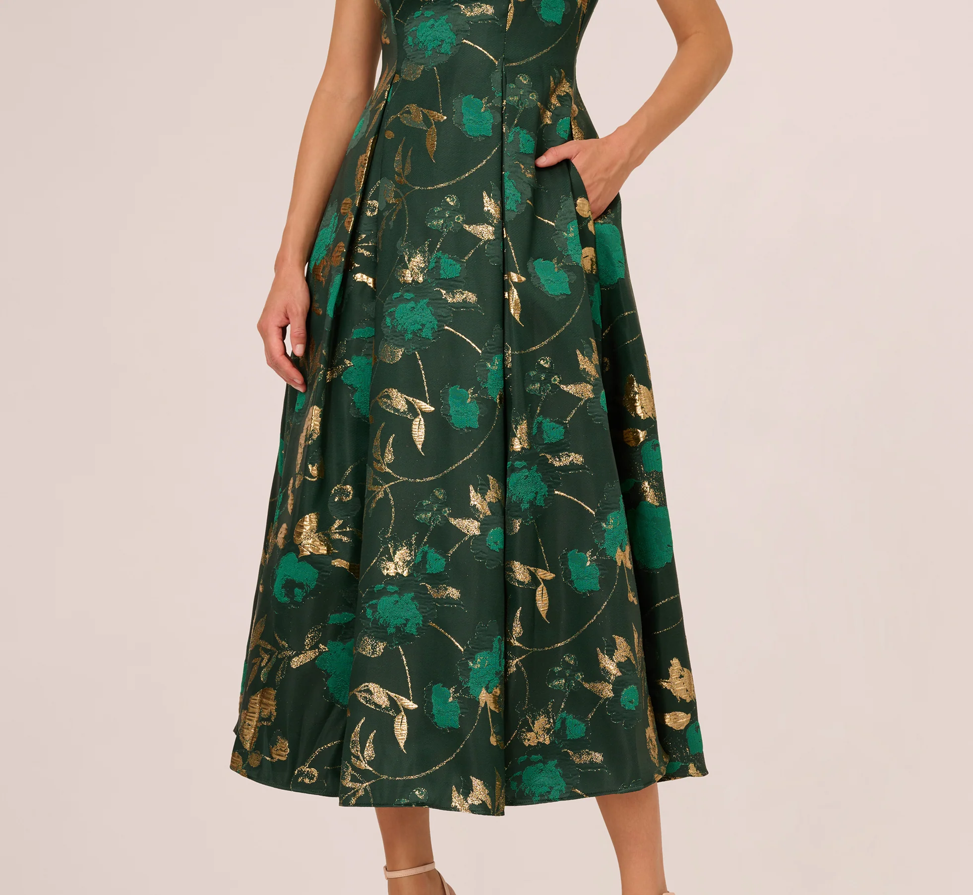 Off Shoulder Metallic Jacquard Midi Dress In Hunter Gold - Image 4