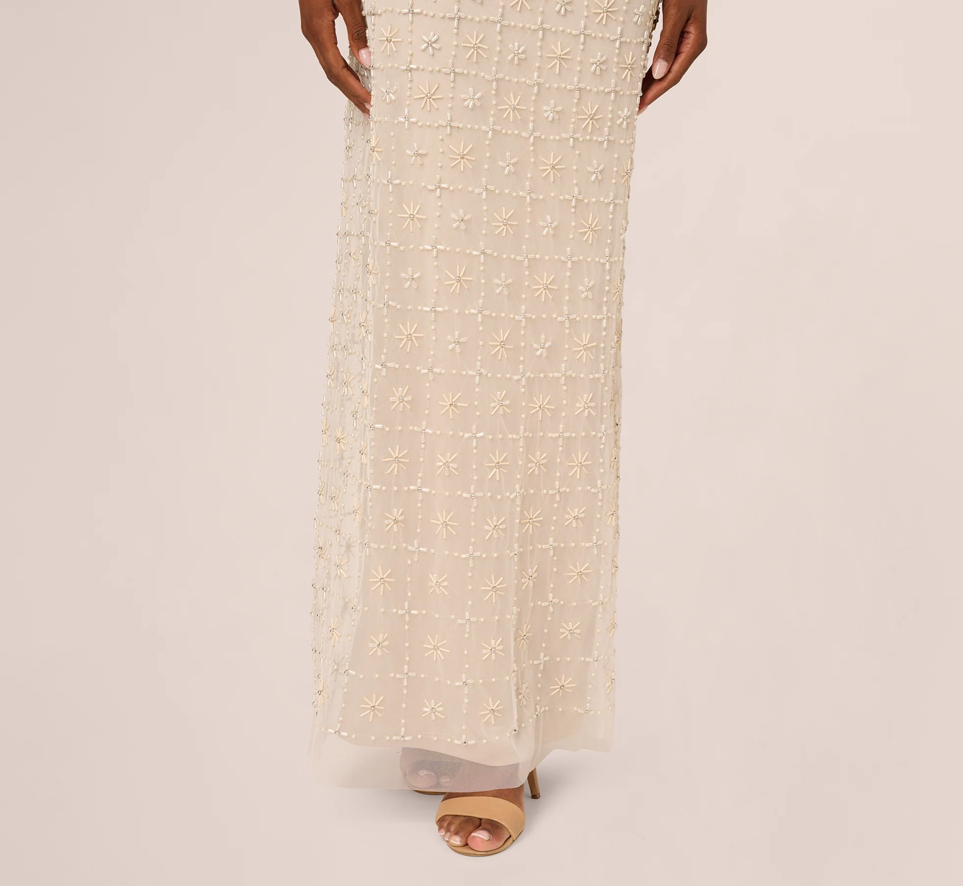 Off Shoulder Pearly Beaded Column Gown In Ivory Nude - Image 4