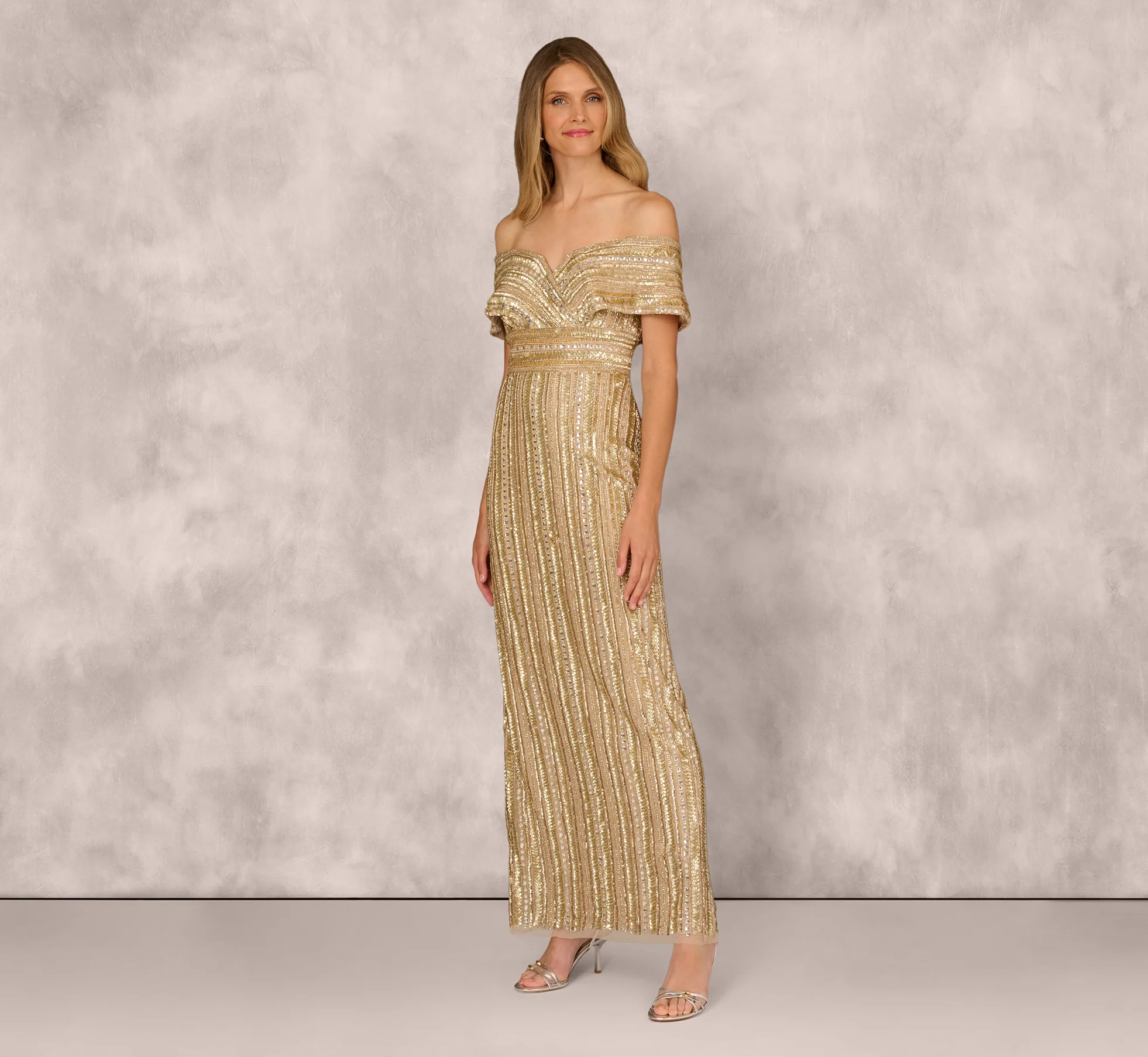 Off Shoulder Sequin Bead Column Gown In Gold - Image 2