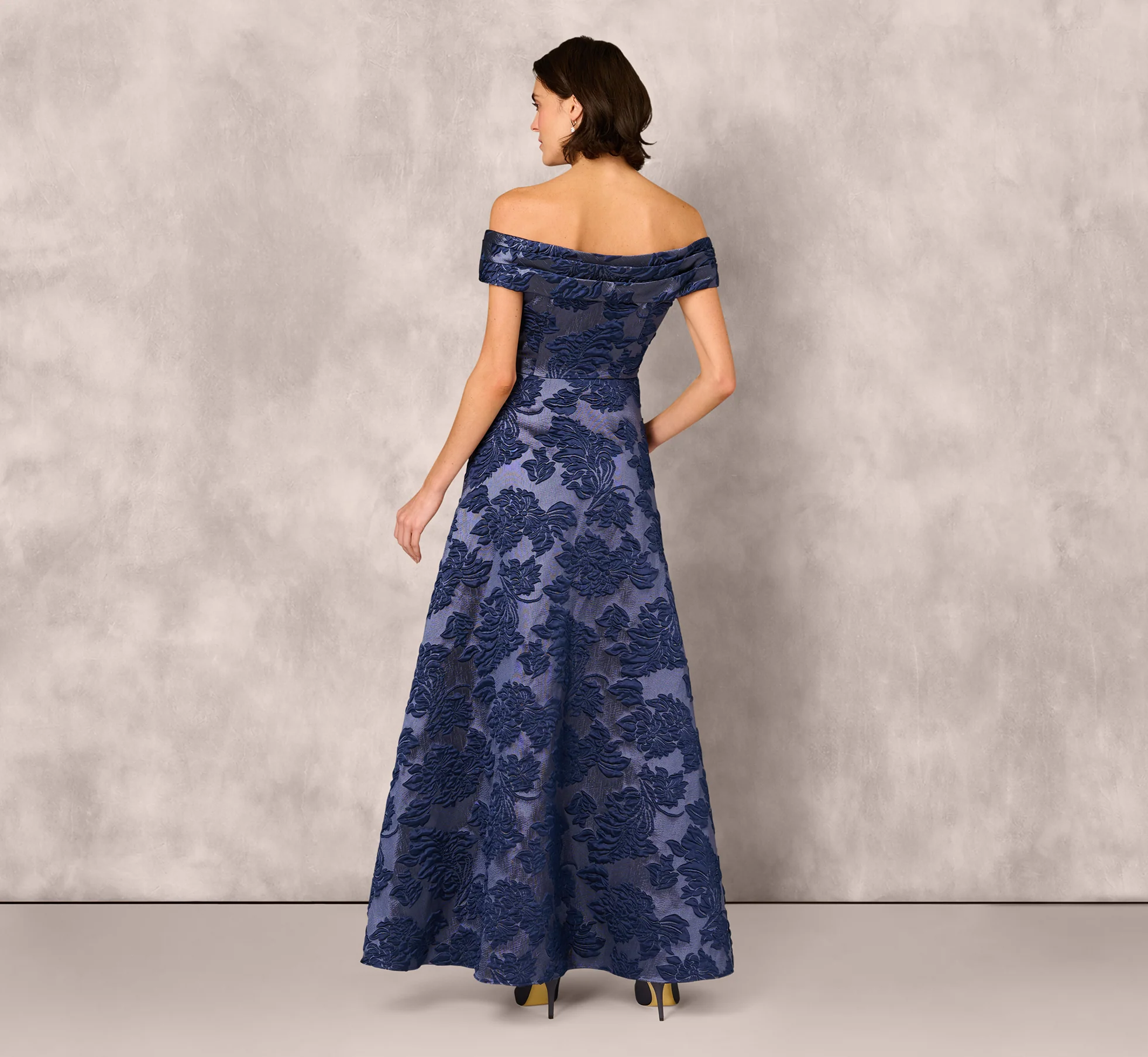 Off Shoulder Textured Floral Jacquard Gown In Navy - Image 5