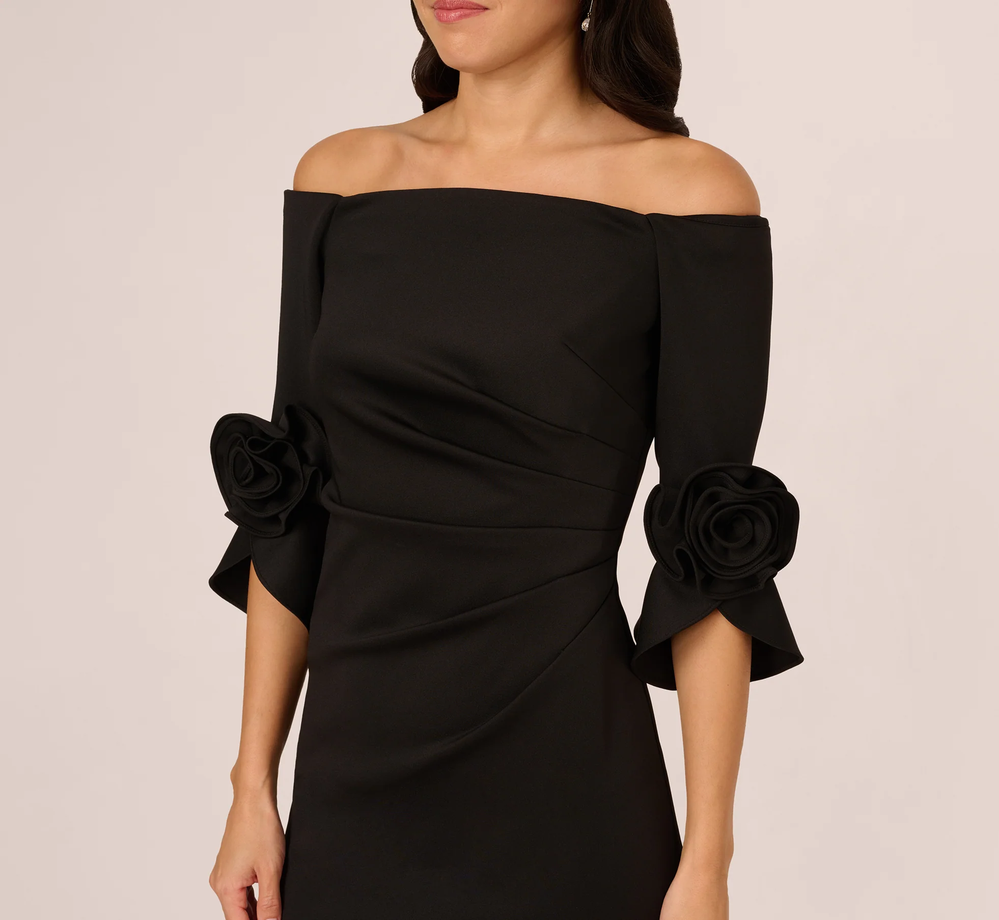Off Shoulder Three Quarter Rosette Sleeve Cocktail Dress In Black - Image 3